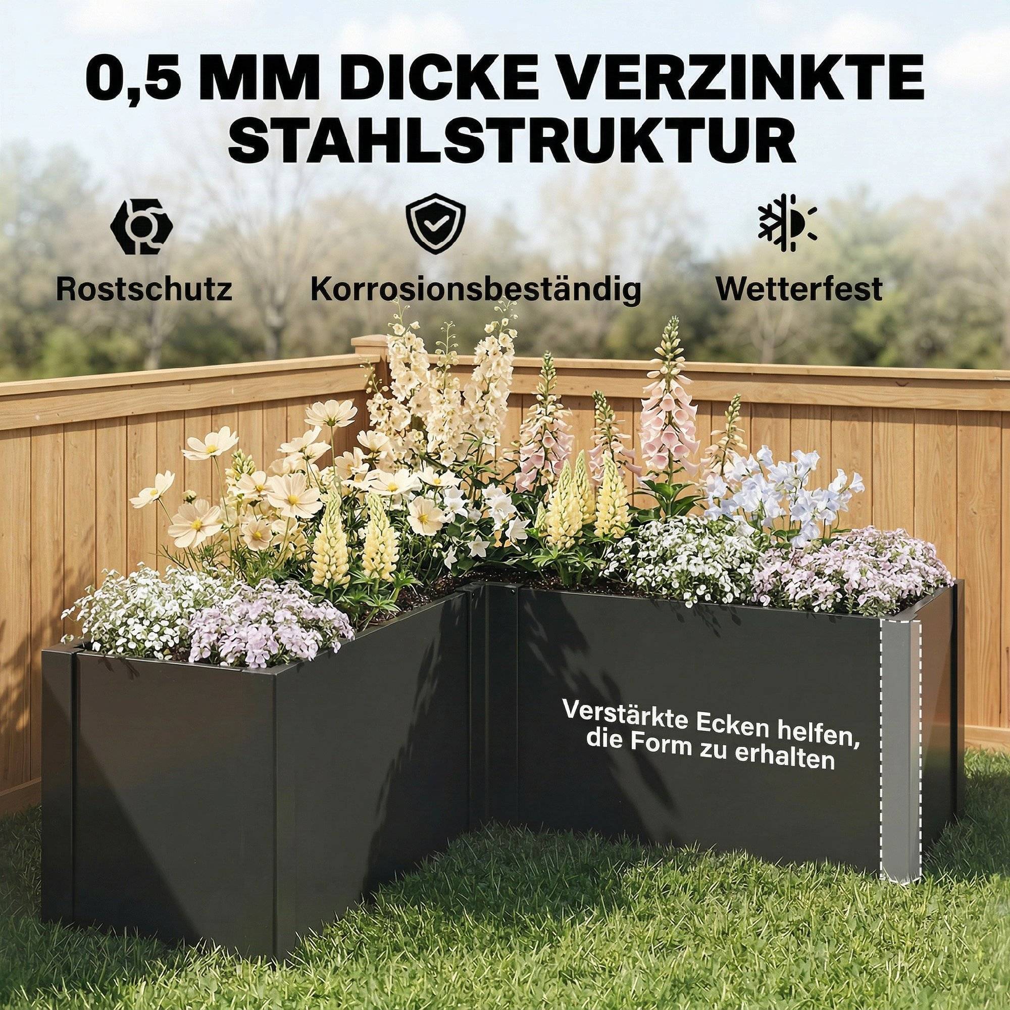 Carré potager en forme L acier galvanisé jardin grande capacité 562L drainage 150x150cm noir - ComfortXL Outdoor Living - Image 7
