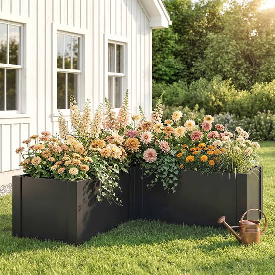 Carré potager en forme L acier galvanisé jardin grande capacité 562L drainage 150x150cm noir - ComfortXL Outdoor Living - Image 3