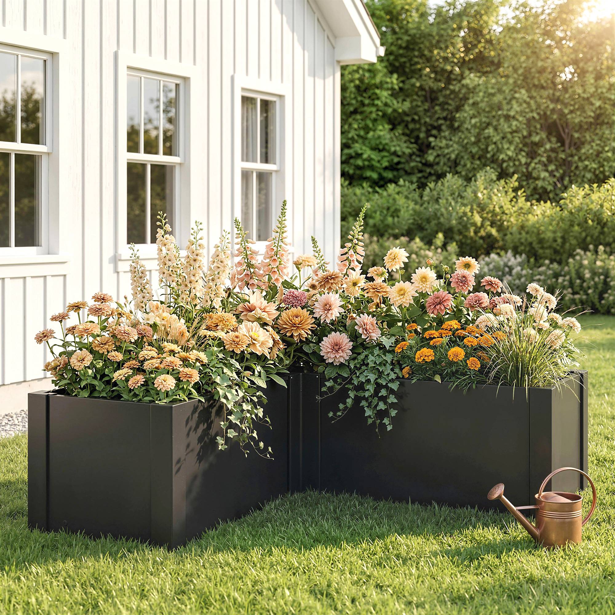 Carré potager en forme L acier galvanisé jardin grande capacité 562L drainage 150x150cm noir - ComfortXL Outdoor Living - Image 3