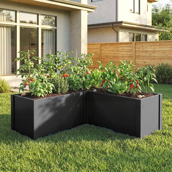Carré potager en forme L acier galvanisé jardin grande capacité 562L drainage 150x150cm noir - ComfortXL Outdoor Living - Image 10