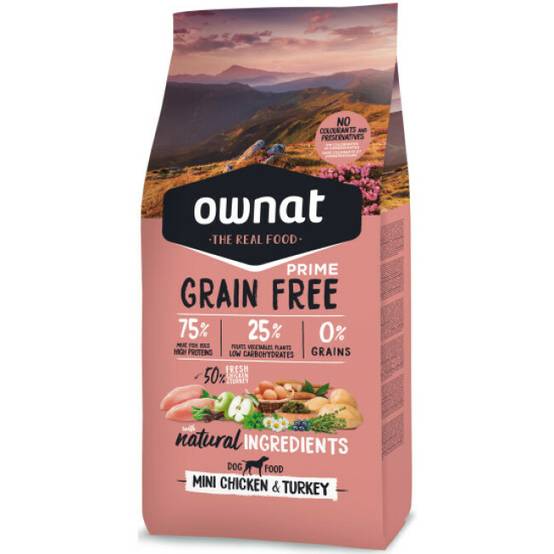 Croquettes Ownat Prime Mini sans céréales dinde et poulet pour petit chien - 3 kg