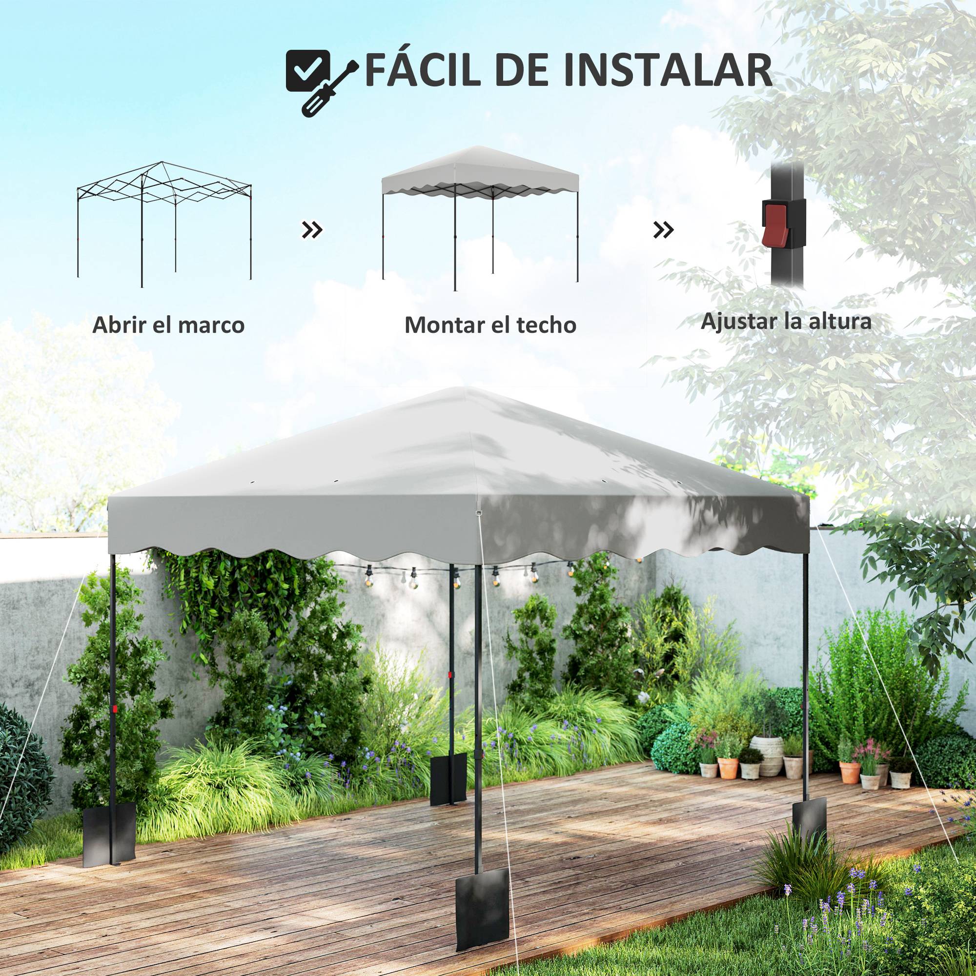 Tente pliante 3x3m avec protection UV, hauteur réglable et sac de transport à roulettes pour 6 à 9 personnes, blanche - Image 6