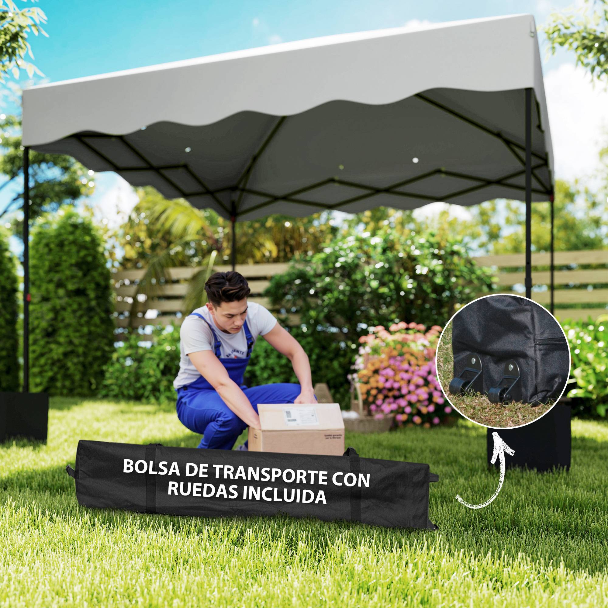 Tente pliante 3x3m avec protection UV, hauteur réglable et sac de transport à roulettes pour 6 à 9 personnes, blanche - Image 10