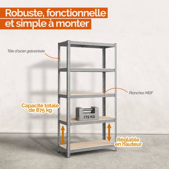 Linxor - Lot de 2 étagères de stockage, rangement, 5 niveaux - Métal - 180 x 90 x 40 cm - Charge maximale 875 kg - Gris - Linxor - Image 3
