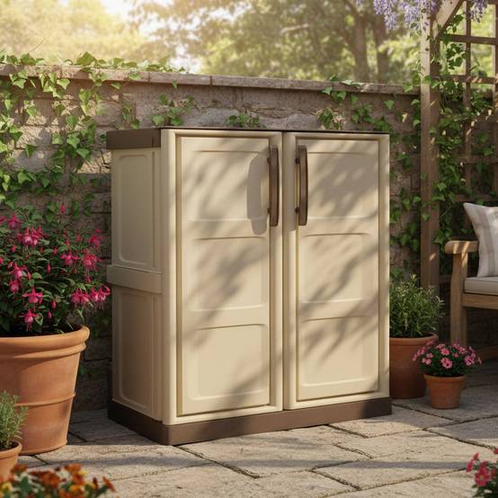 Dmora - Armoire d'extérieur Courtrai, Armoire de balcon polyvalente, Mobilier d'extérieur avec 2 portes, Beige et Marron, 70x39h86 cm, Finition à carreaux - Image 2