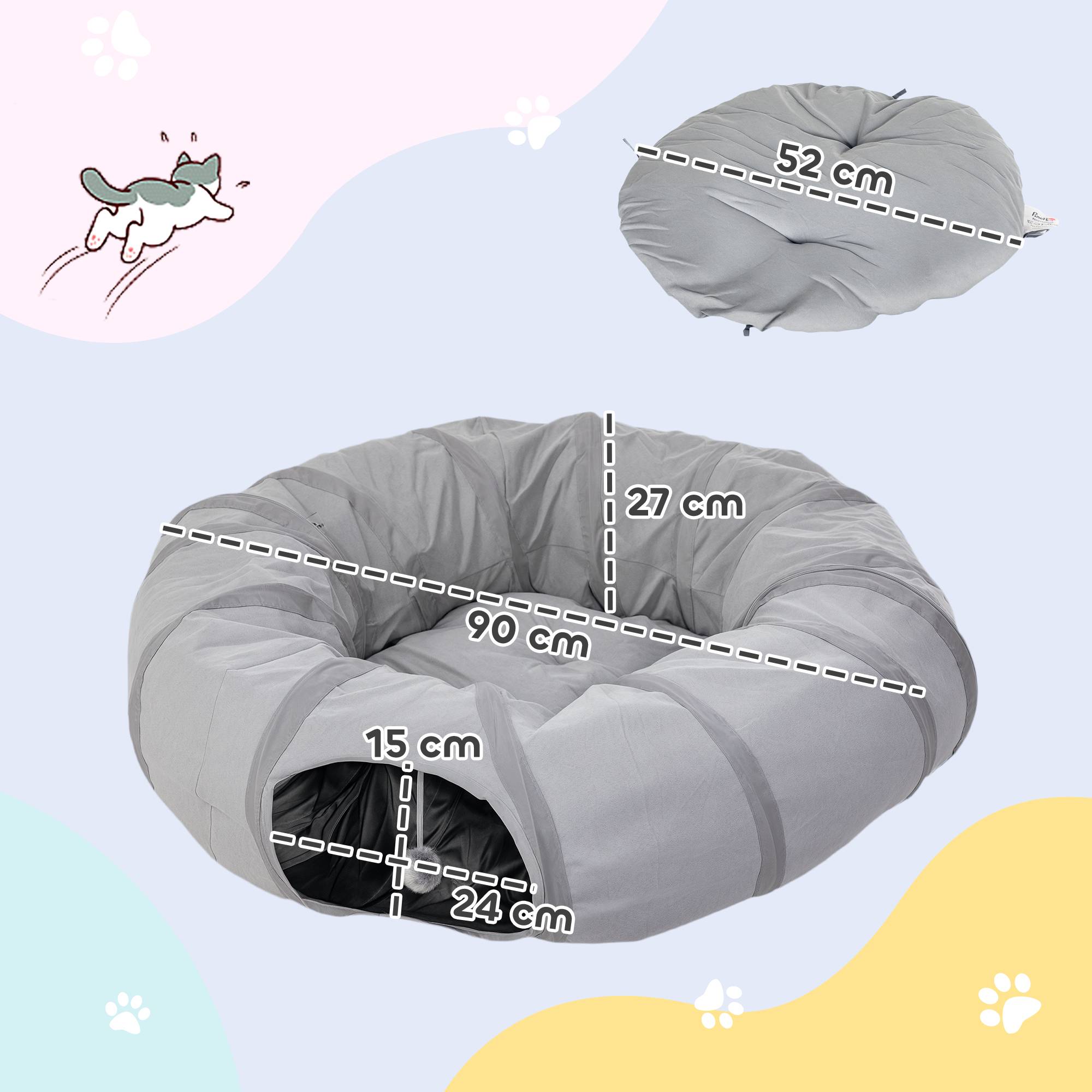 Sans Marque - Tunnel pour chat intérieur rond tunnel avec lit et coussin, pliable, avec trous pour balles et judas, Ø 90 x 27 cm gris - Image 5