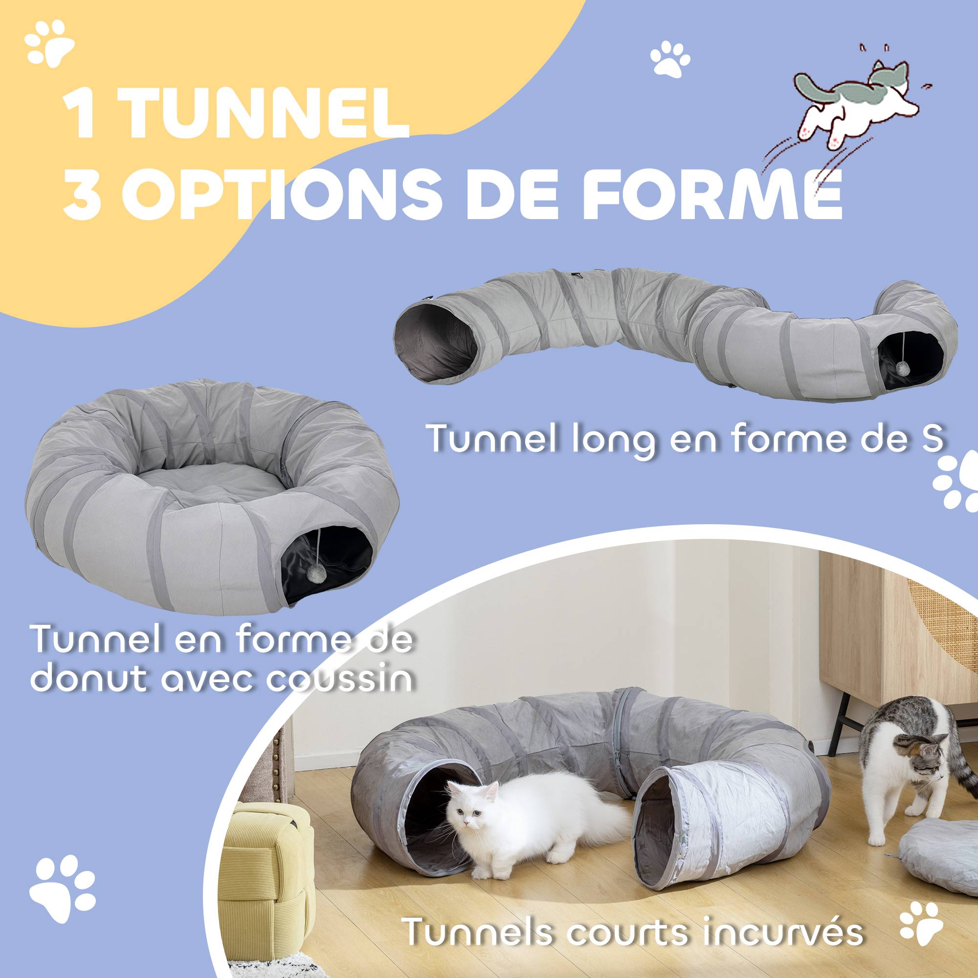 Sans Marque - Tunnel pour chat intérieur rond tunnel avec lit et coussin, pliable, avec trous pour balles et judas, Ø 90 x 27 cm gris - Image 7