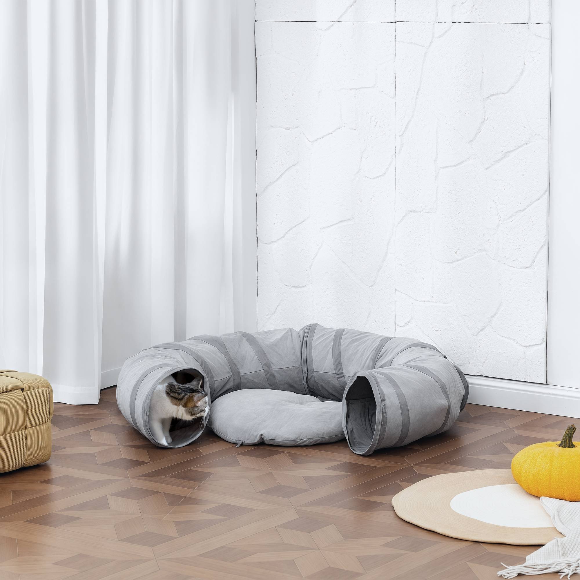 Sans Marque - Tunnel pour chat intérieur rond tunnel avec lit et coussin, pliable, avec trous pour balles et judas, Ø 90 x 27 cm gris - Image 4