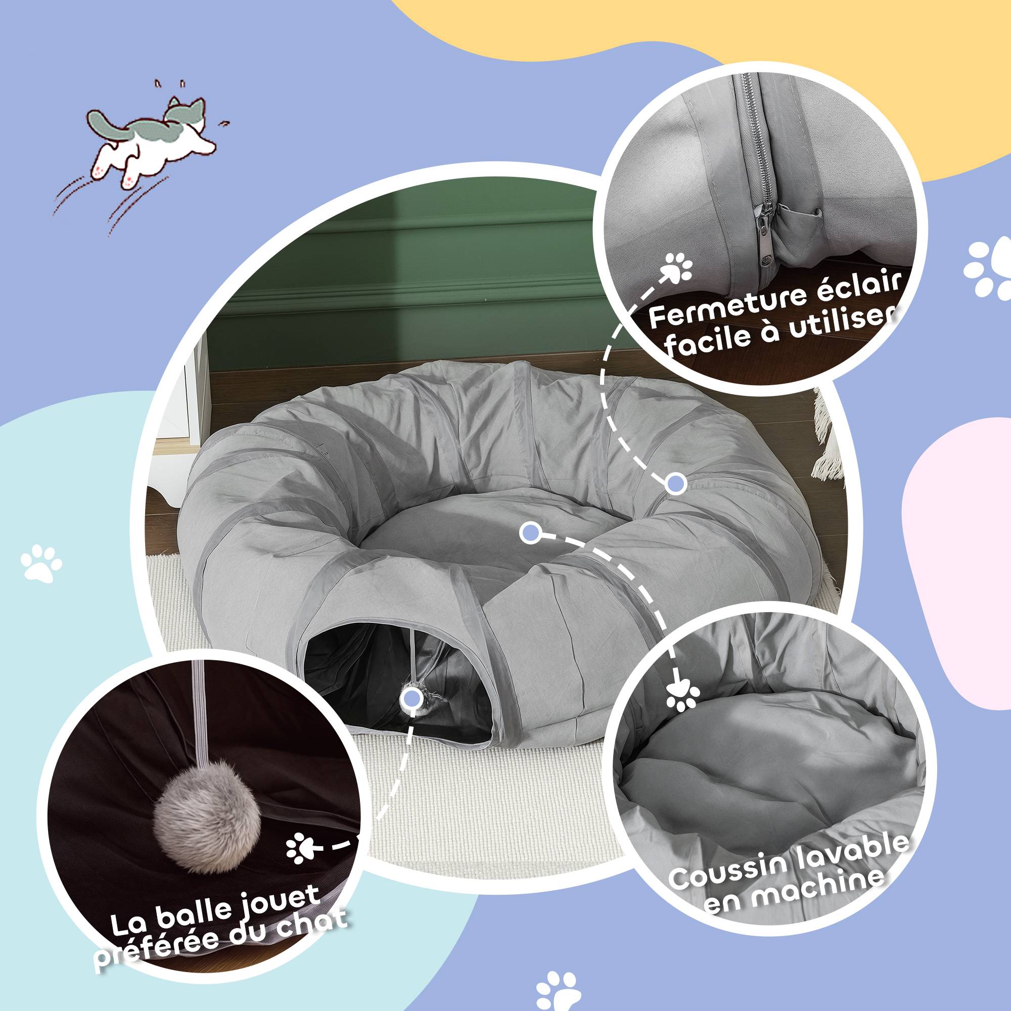 Sans Marque - Tunnel pour chat intérieur rond tunnel avec lit et coussin, pliable, avec trous pour balles et judas, Ø 90 x 27 cm gris - Image 9
