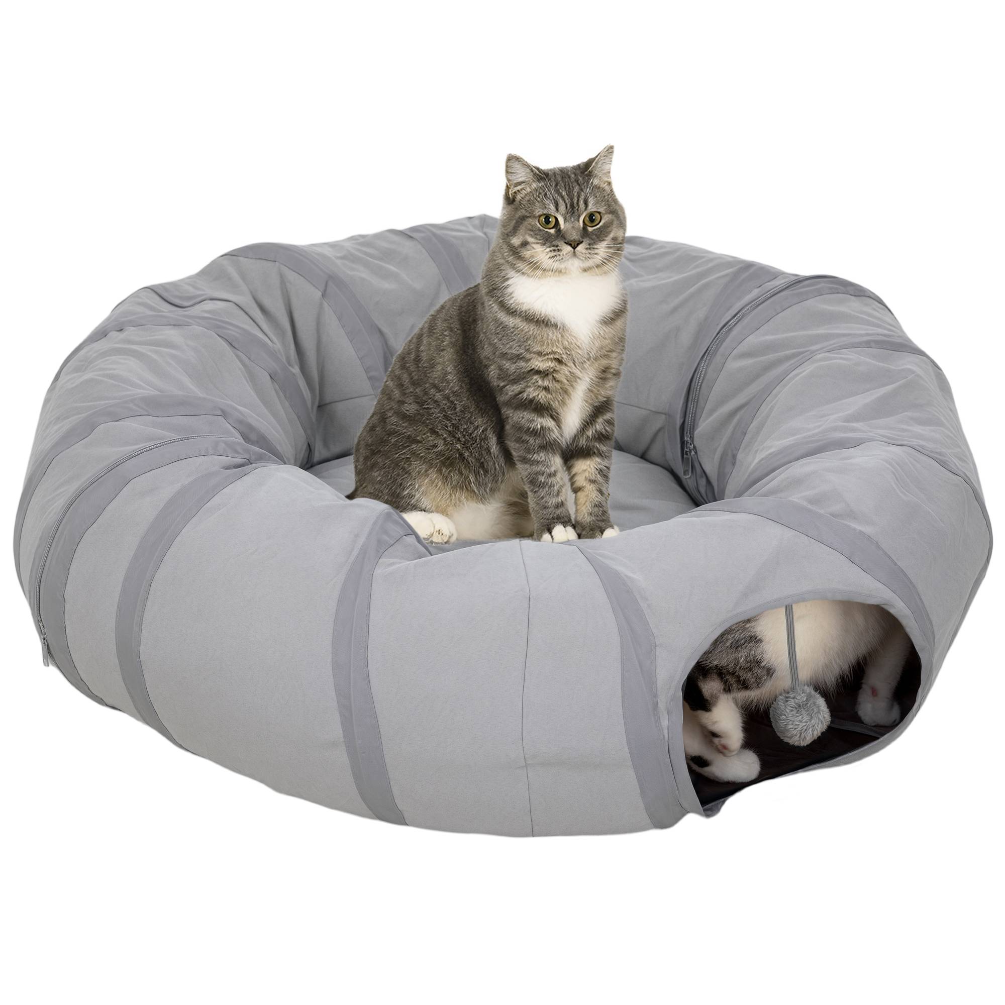 Sans Marque - Tunnel pour chat intérieur rond tunnel avec lit et coussin, pliable, avec trous pour balles et judas, Ø 90 x 27 cm gris - Image 1