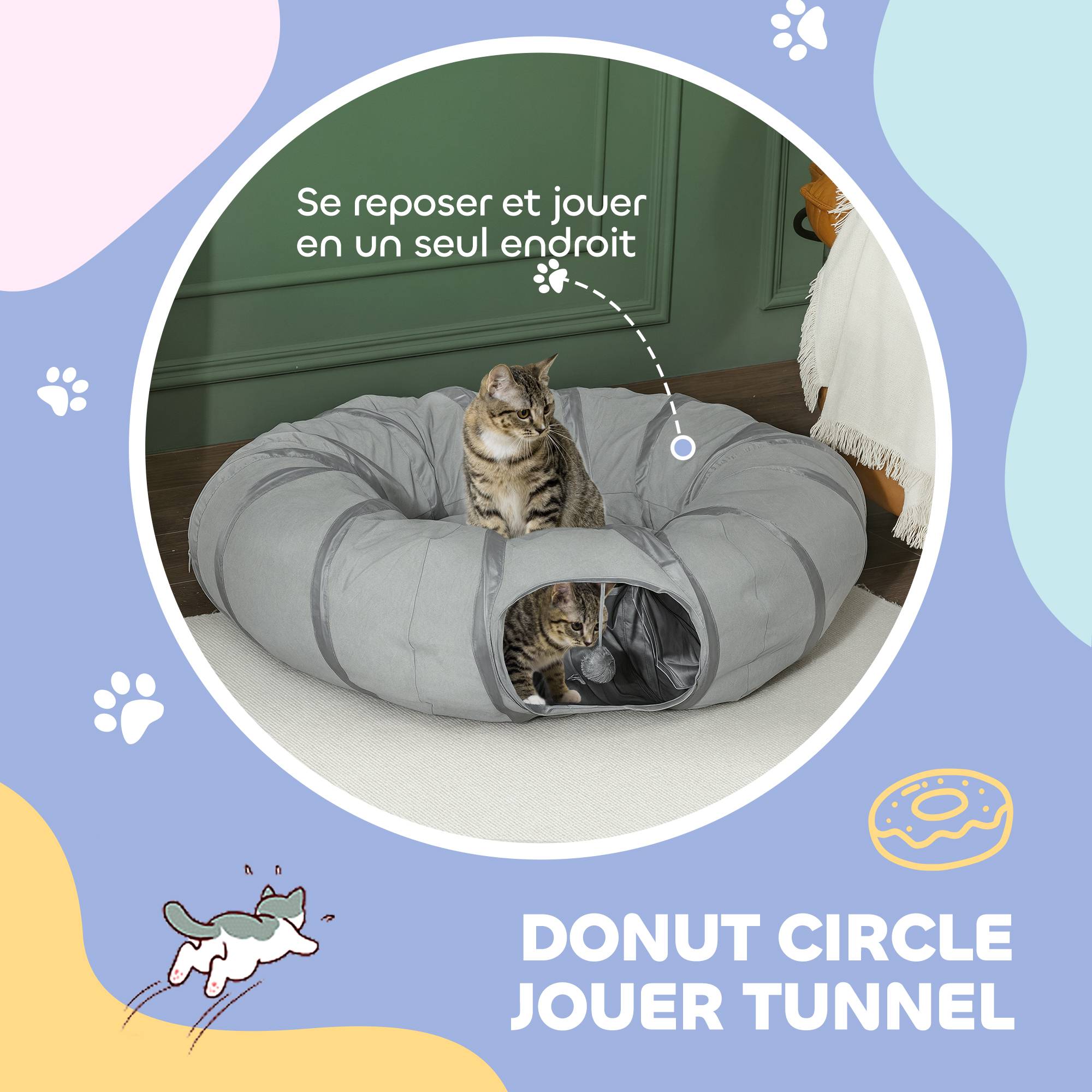 Sans Marque - Tunnel pour chat intérieur rond tunnel avec lit et coussin, pliable, avec trous pour balles et judas, Ø 90 x 27 cm gris - Image 6