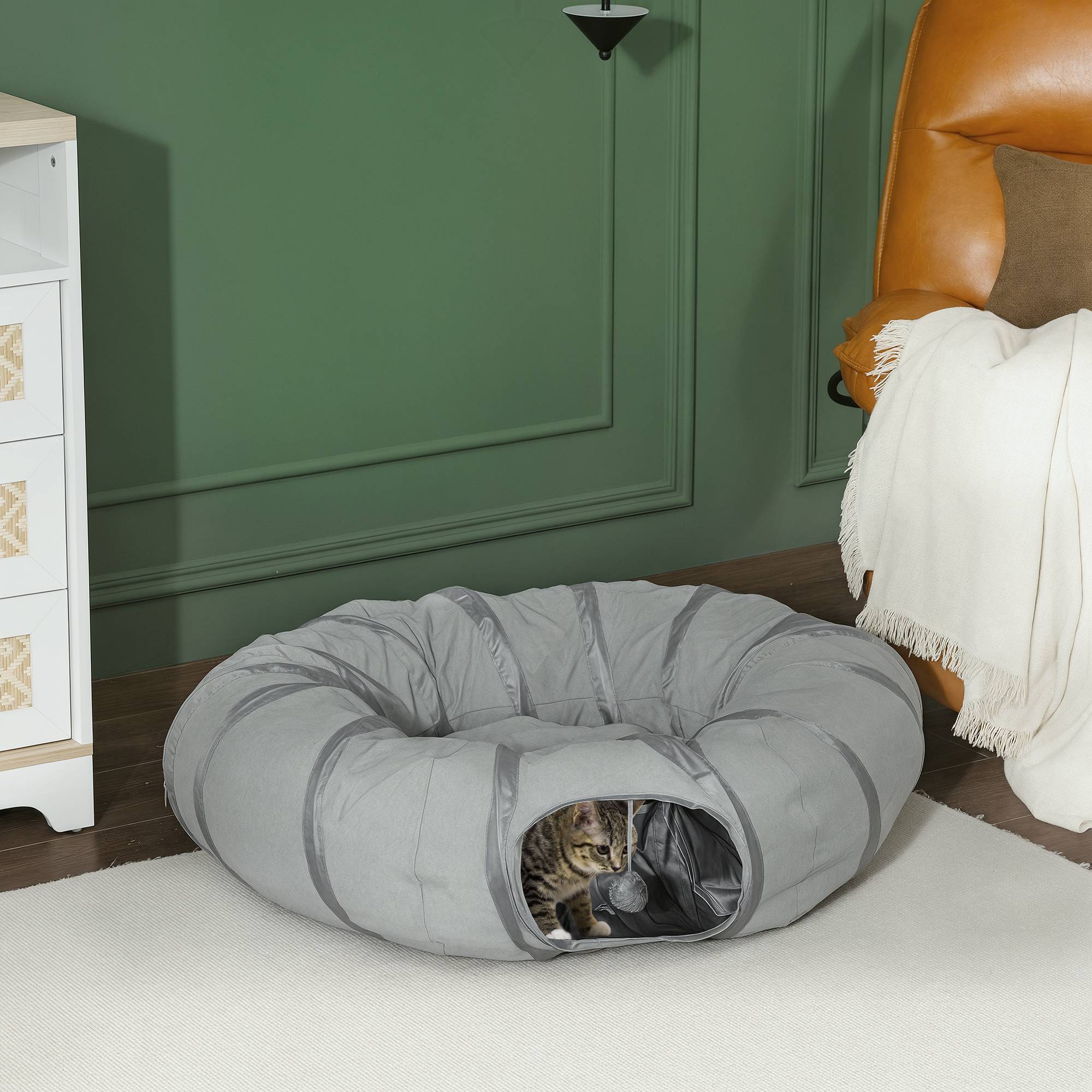 Sans Marque - Tunnel pour chat intérieur rond tunnel avec lit et coussin, pliable, avec trous pour balles et judas, Ø 90 x 27 cm gris - Image 3