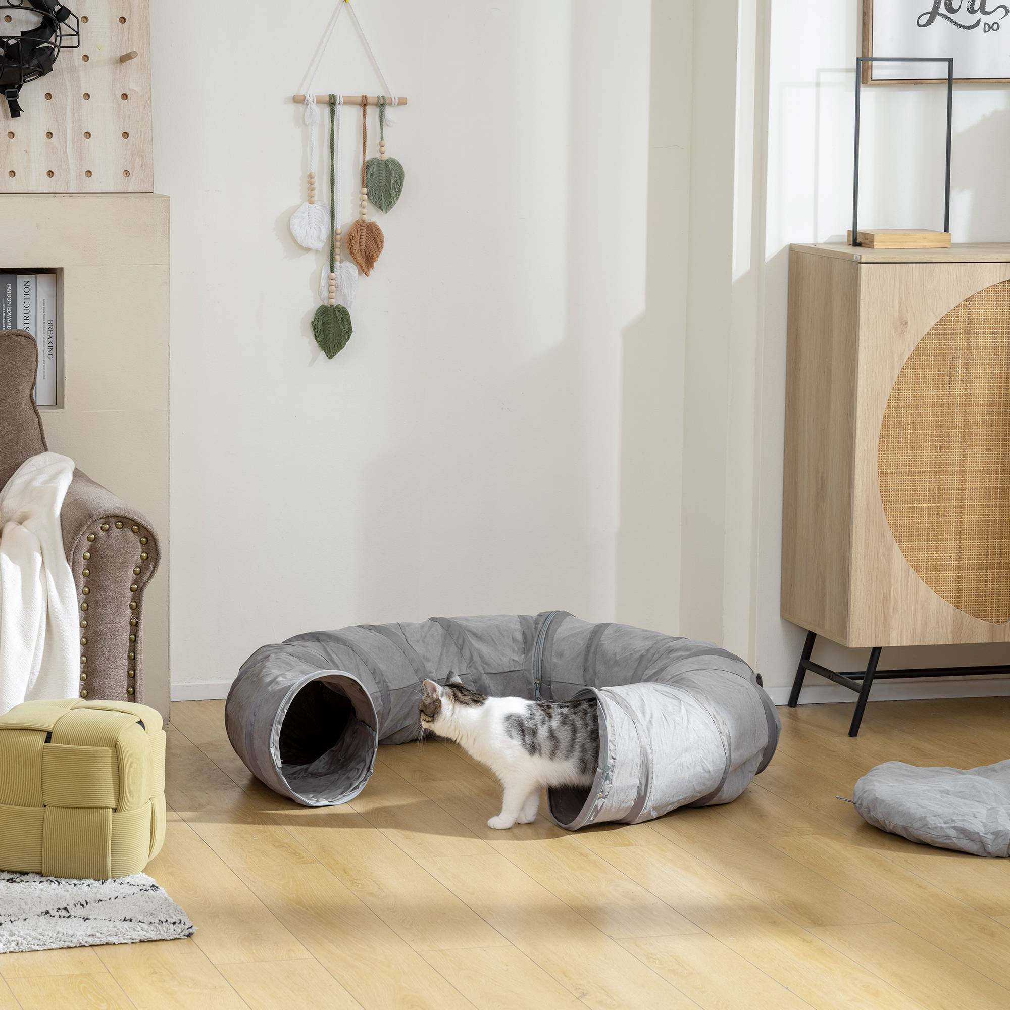 Sans Marque - Tunnel pour chat intérieur rond tunnel avec lit et coussin, pliable, avec trous pour balles et judas, Ø 90 x 27 cm gris - Image 10