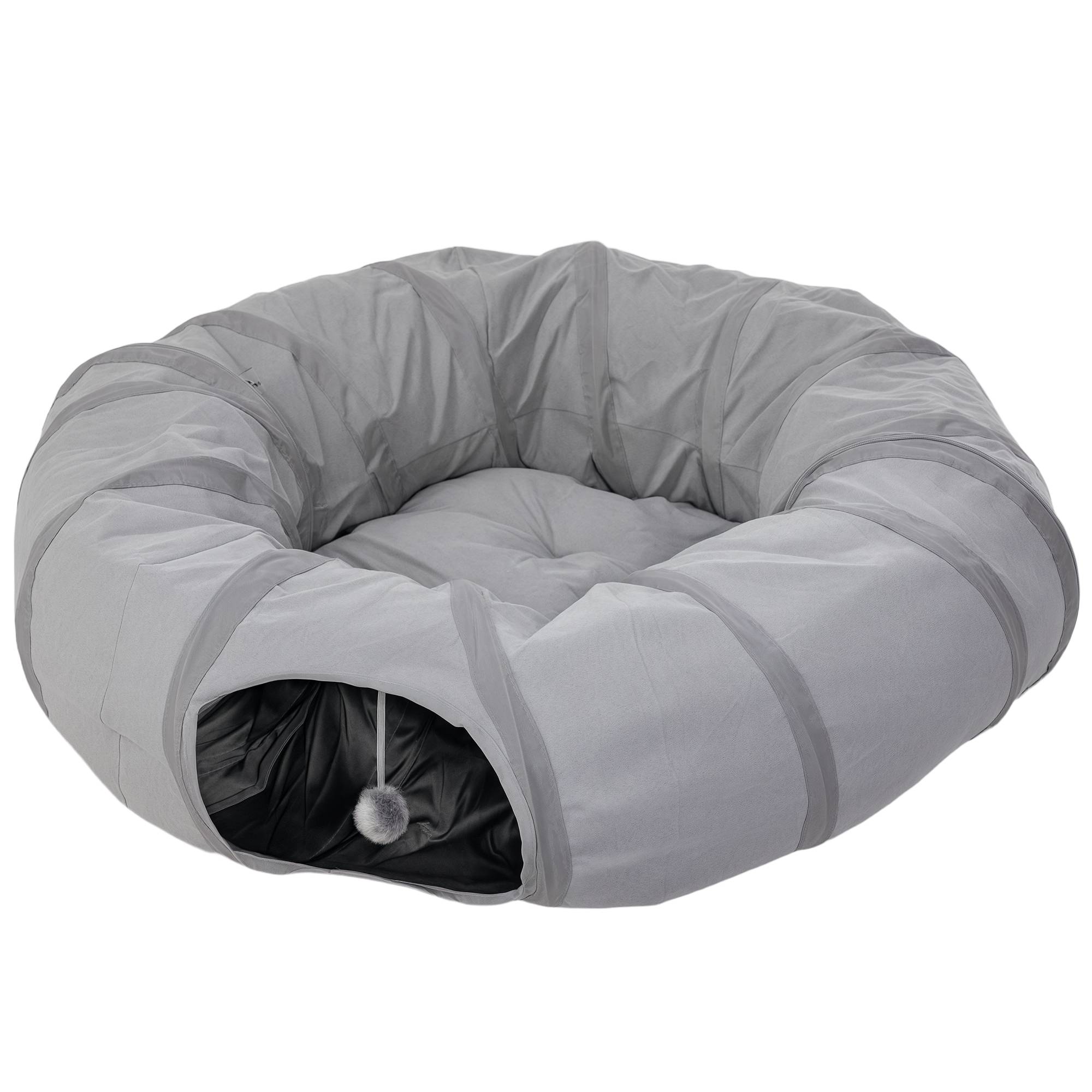 Sans Marque - Tunnel pour chat intérieur rond tunnel avec lit et coussin, pliable, avec trous pour balles et judas, Ø 90 x 27 cm gris - Image 2