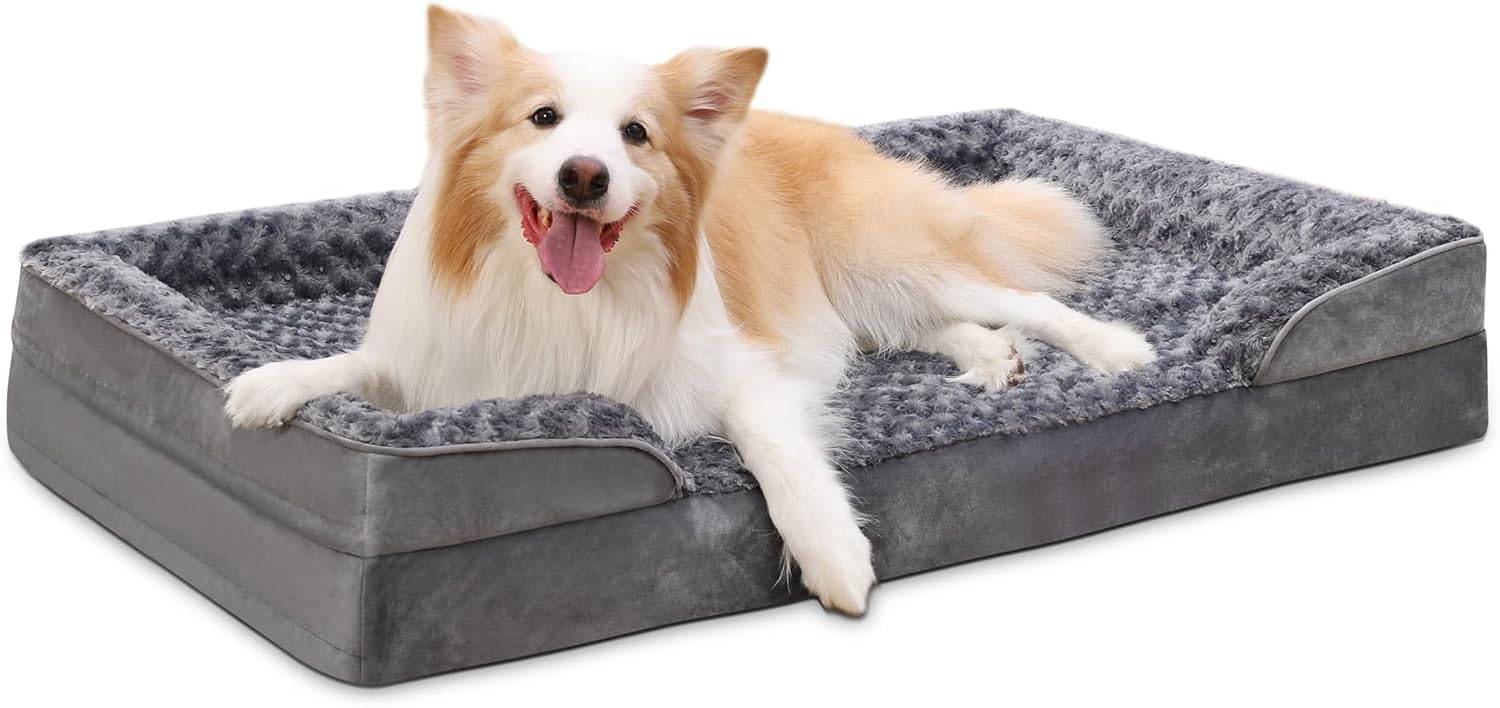 Coussin Chien Déhoussable Mémoire de Forme, Lavable, Lit avec Base Antidérapante 90x57x16cm Gris