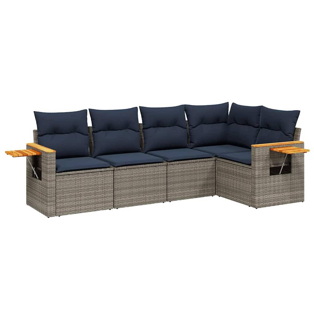 Salon d'Extérieur Canapé d'Angle 5 Places Poly Rotin Gris Coussins Bleu Marine Modulable – ComfortXL Outdoor Living - Image 2