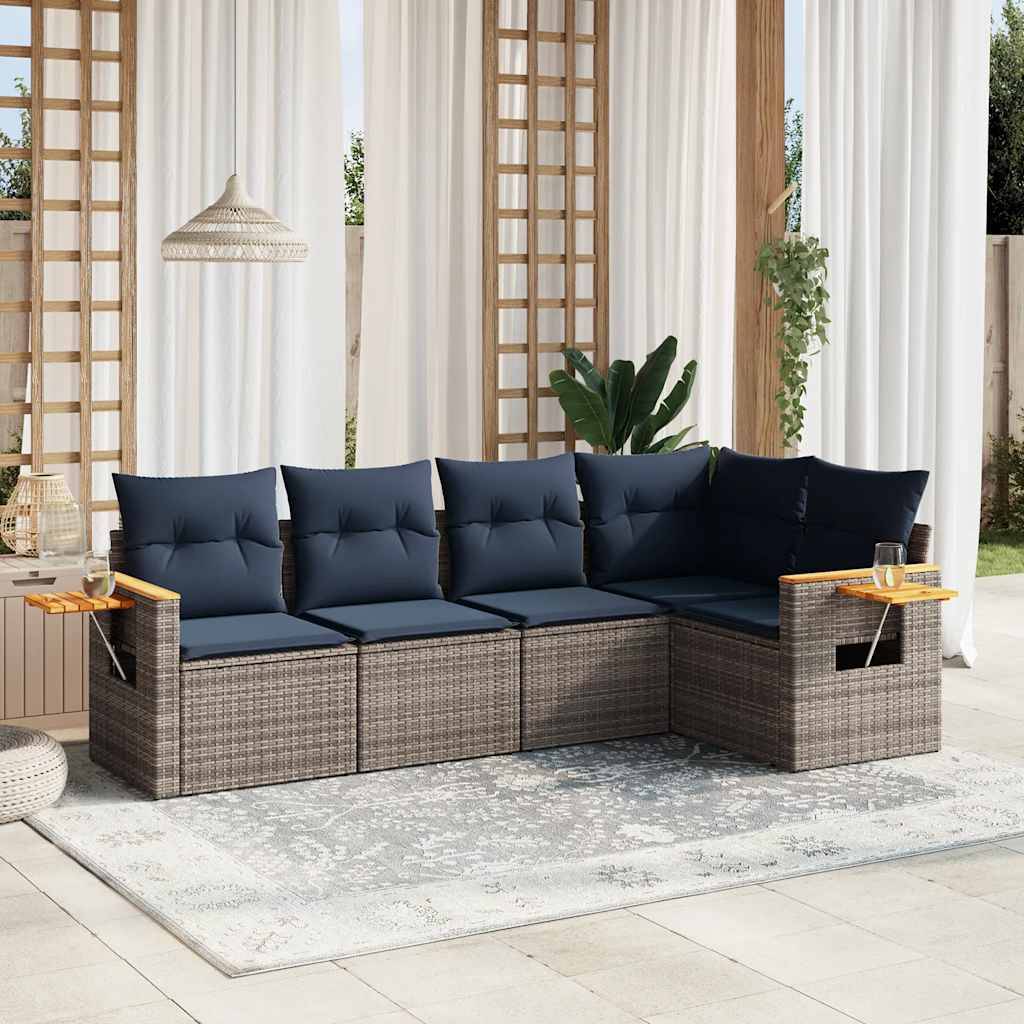Salon d'Extérieur Canapé d'Angle 5 Places Poly Rotin Gris Coussins Bleu Marine Modulable – ComfortXL Outdoor Living - Image 1