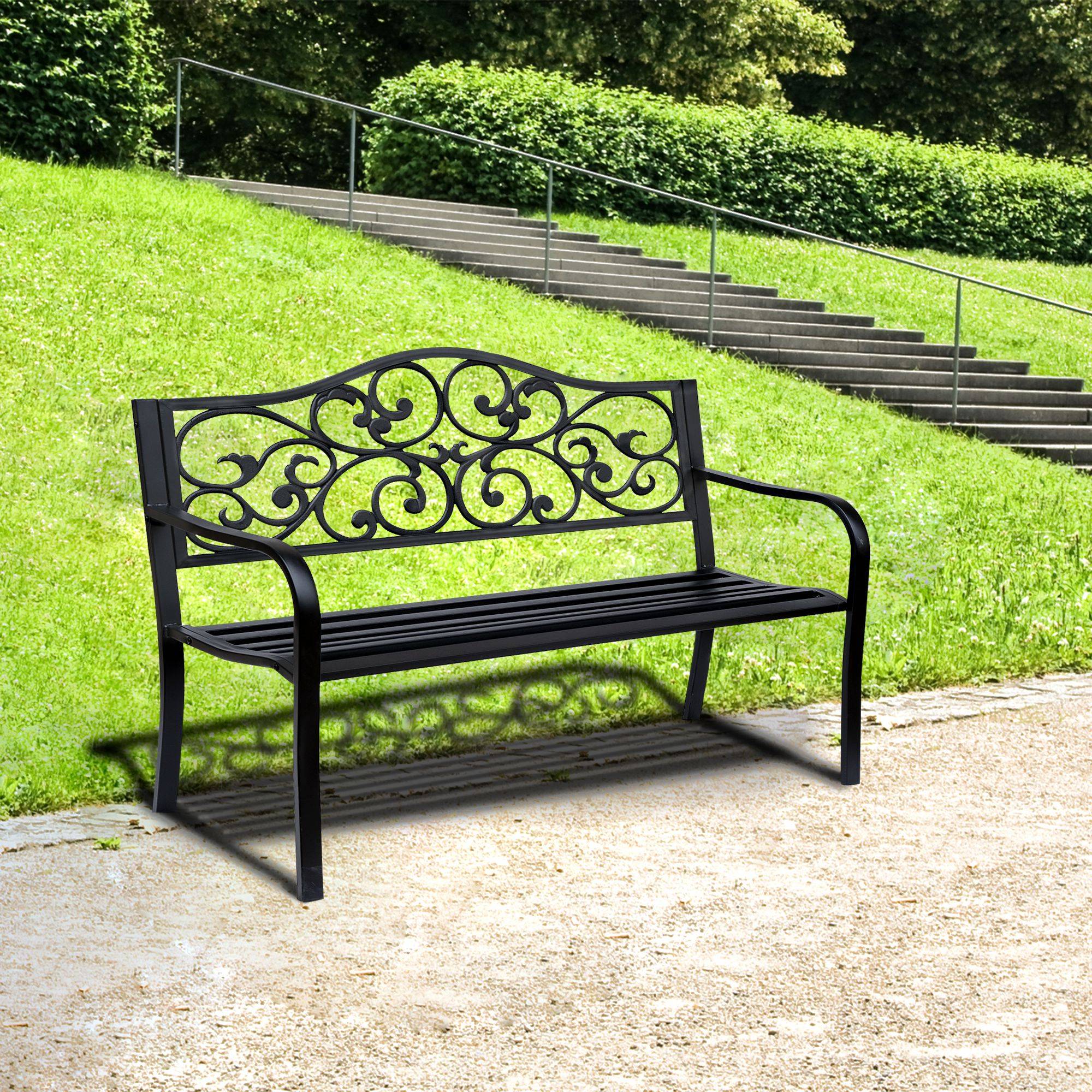 Banc de jardin 2 places avec dossier décoré en fonte et métal, 127 x 60 x 89 cm, noir - Image 4