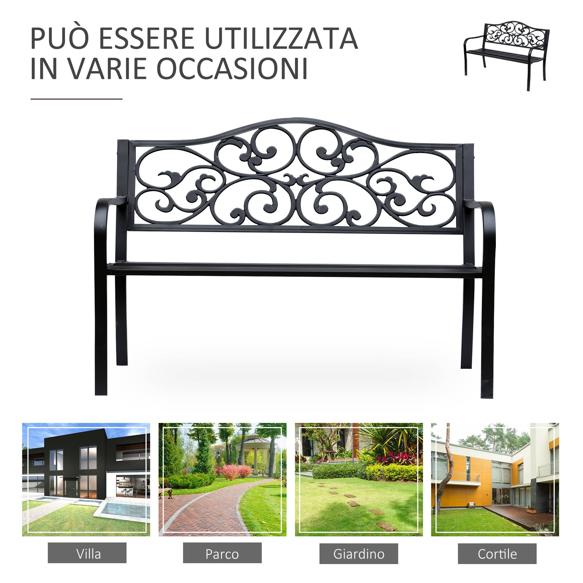 Banc de jardin 2 places avec dossier décoré en fonte et métal, 127 x 60 x 89 cm, noir - Image 8
