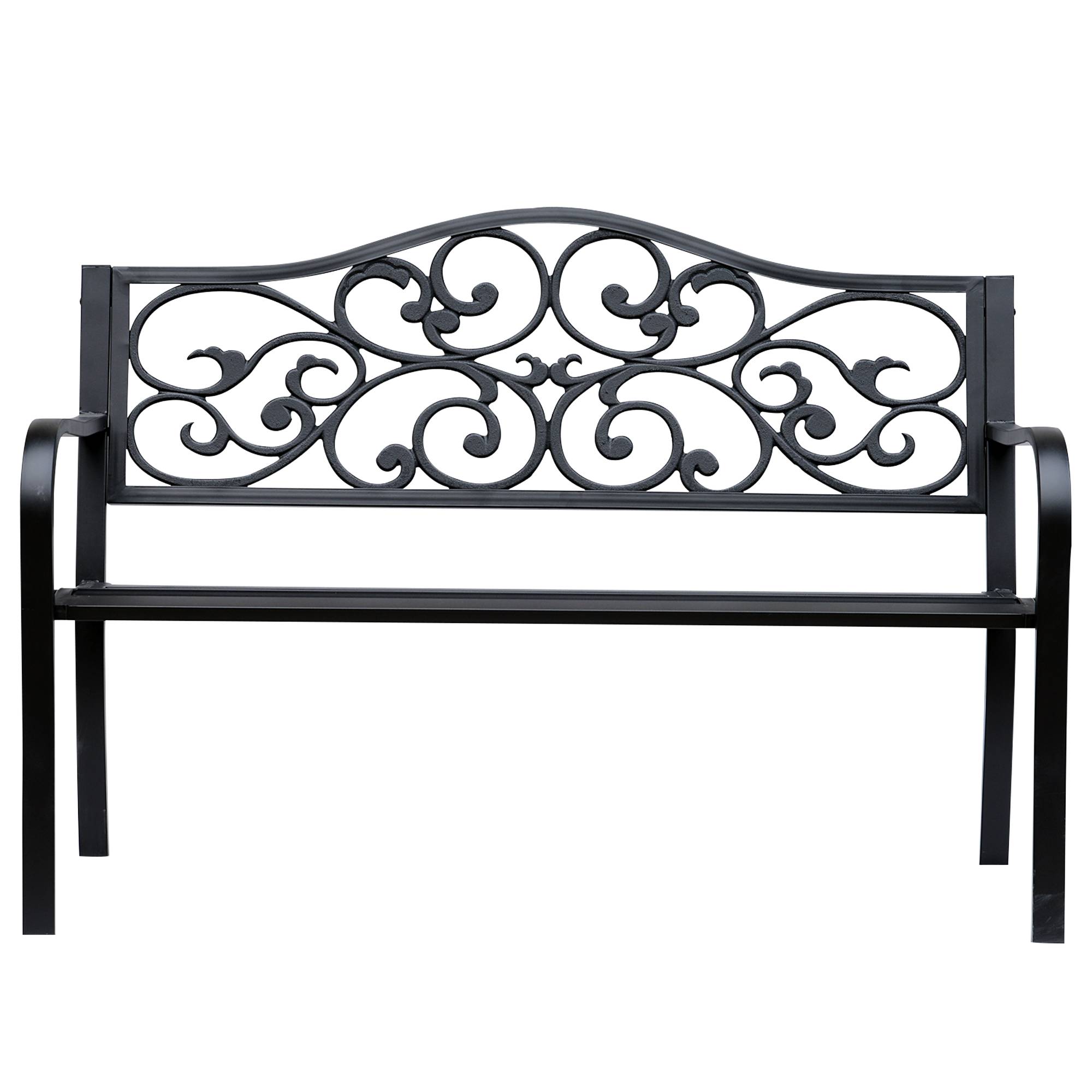 Banc de jardin 2 places avec dossier décoré en fonte et métal, 127 x 60 x 89 cm, noir - Image 2