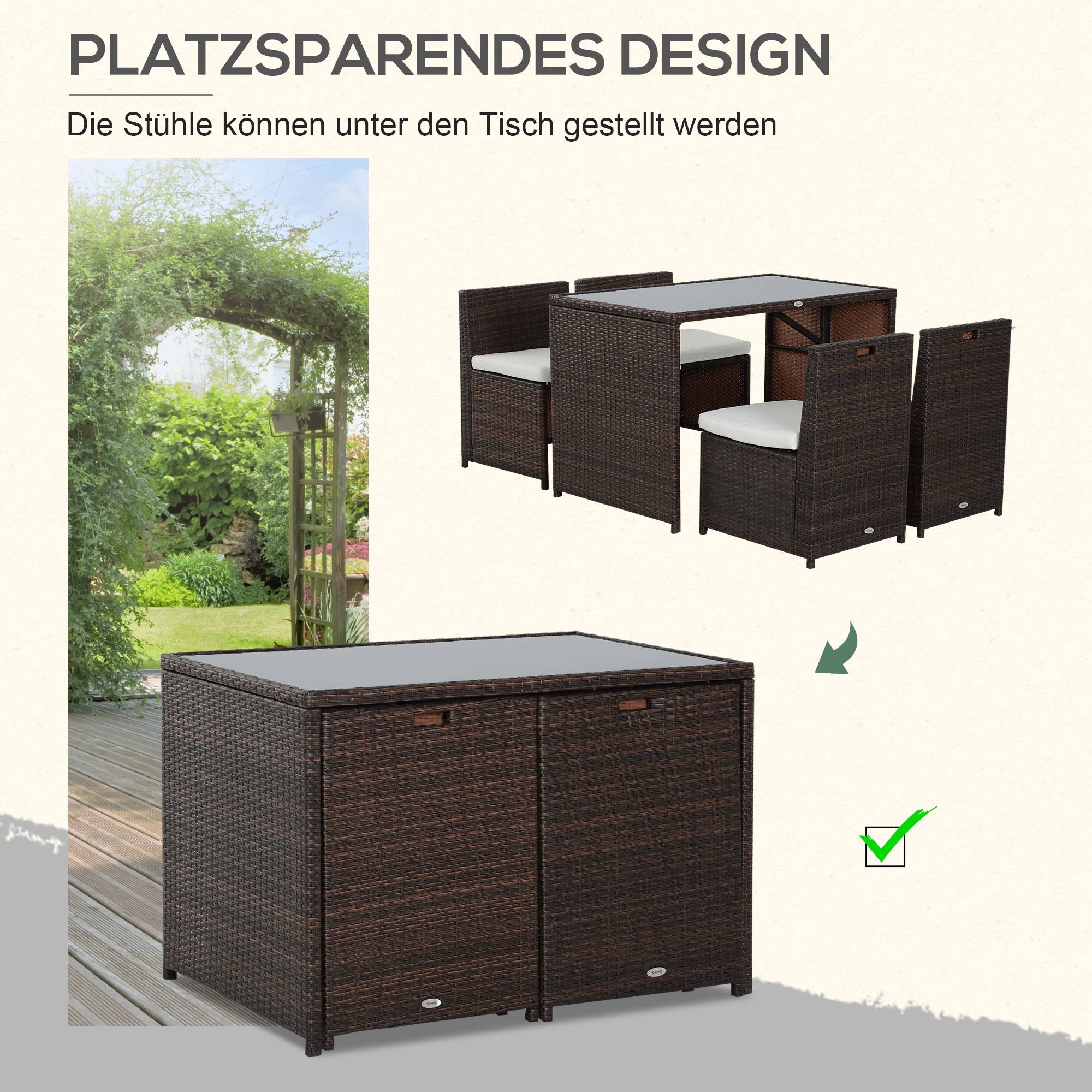 ComfortXL - Salon de jardin 5 pièces résine tressée balcon terrasse 4 personnes encastrable marron kaki - ComfortXL Outdoor Living - Image 6