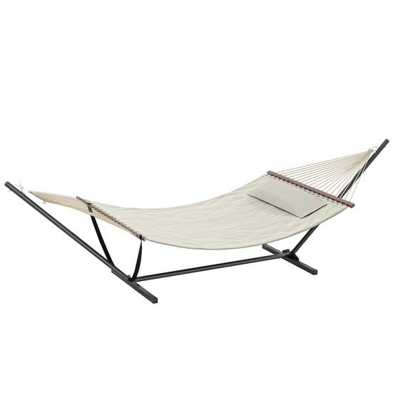 Hamac sur pied acier terrasse jardin matelassé avec oreiller 368x140x110cm crème - ComfortXL Outdoor Living - Image 2