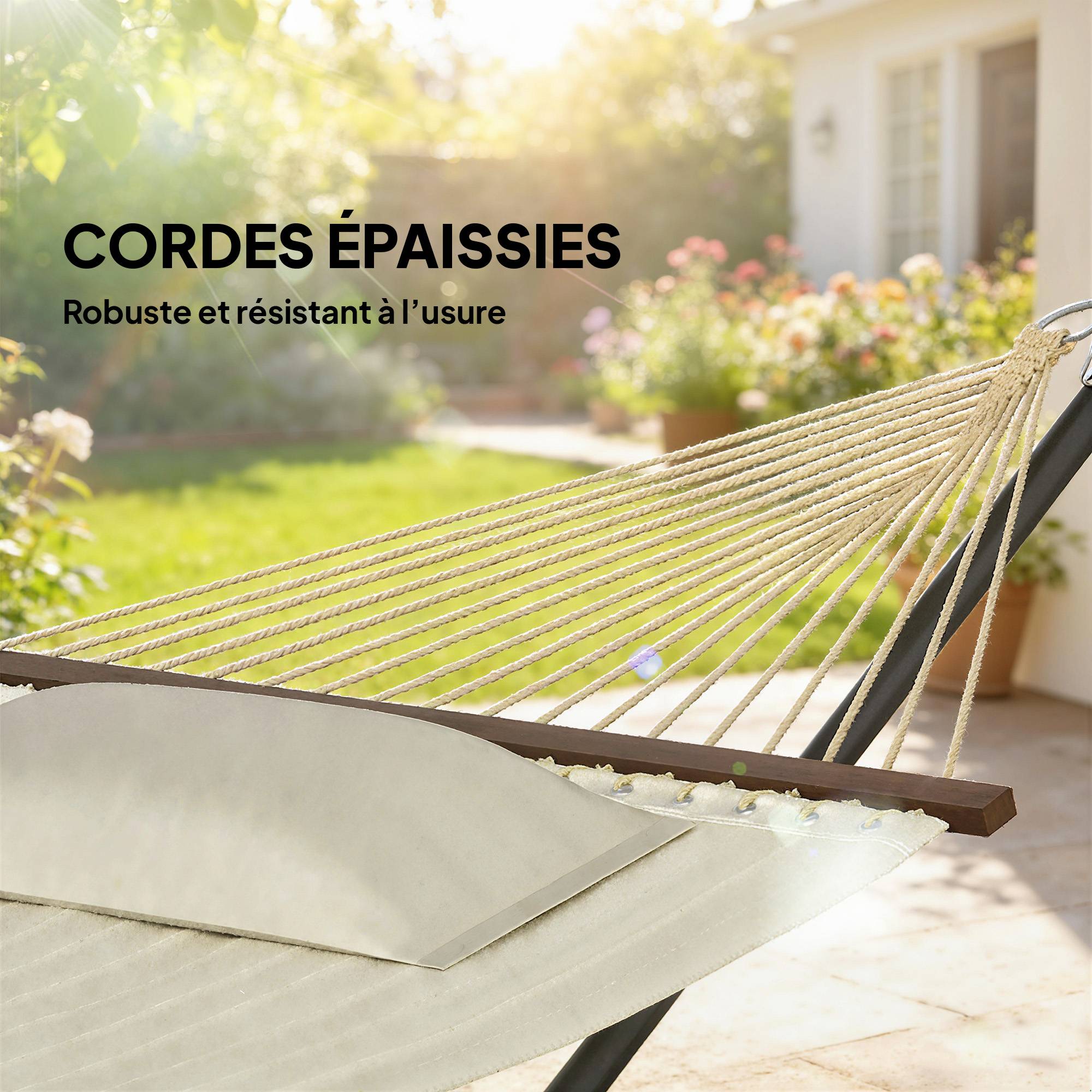 Hamac sur pied acier terrasse jardin matelassé avec oreiller 368x140x110cm crème - ComfortXL Outdoor Living - Image 9