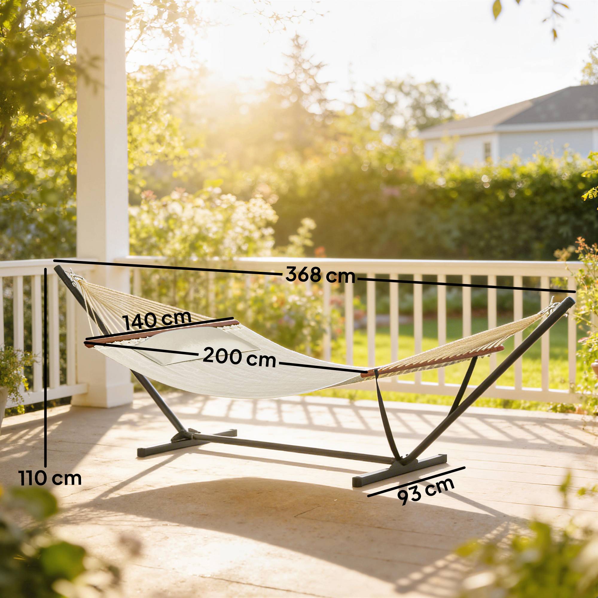 Hamac sur pied acier terrasse jardin matelassé avec oreiller 368x140x110cm crème - ComfortXL Outdoor Living - Image 5