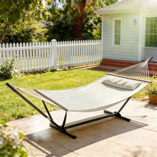 Hamac sur pied acier terrasse jardin matelassé avec oreiller 368x140x110cm crème - ComfortXL Outdoor Living - Image 4