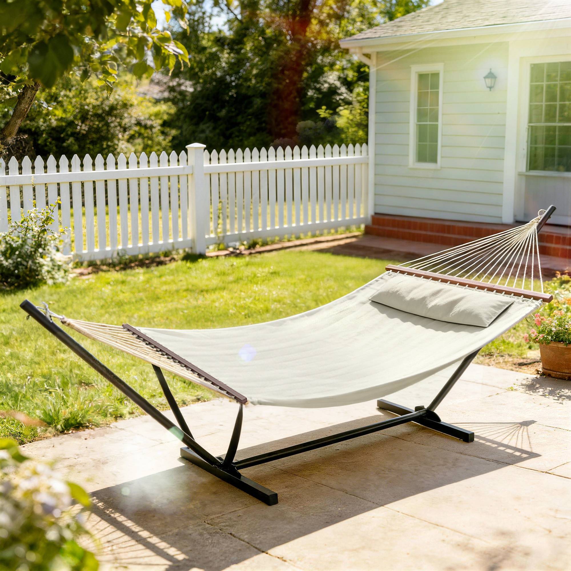 Hamac sur pied acier terrasse jardin matelassé avec oreiller 368x140x110cm crème - ComfortXL Outdoor Living - Image 4