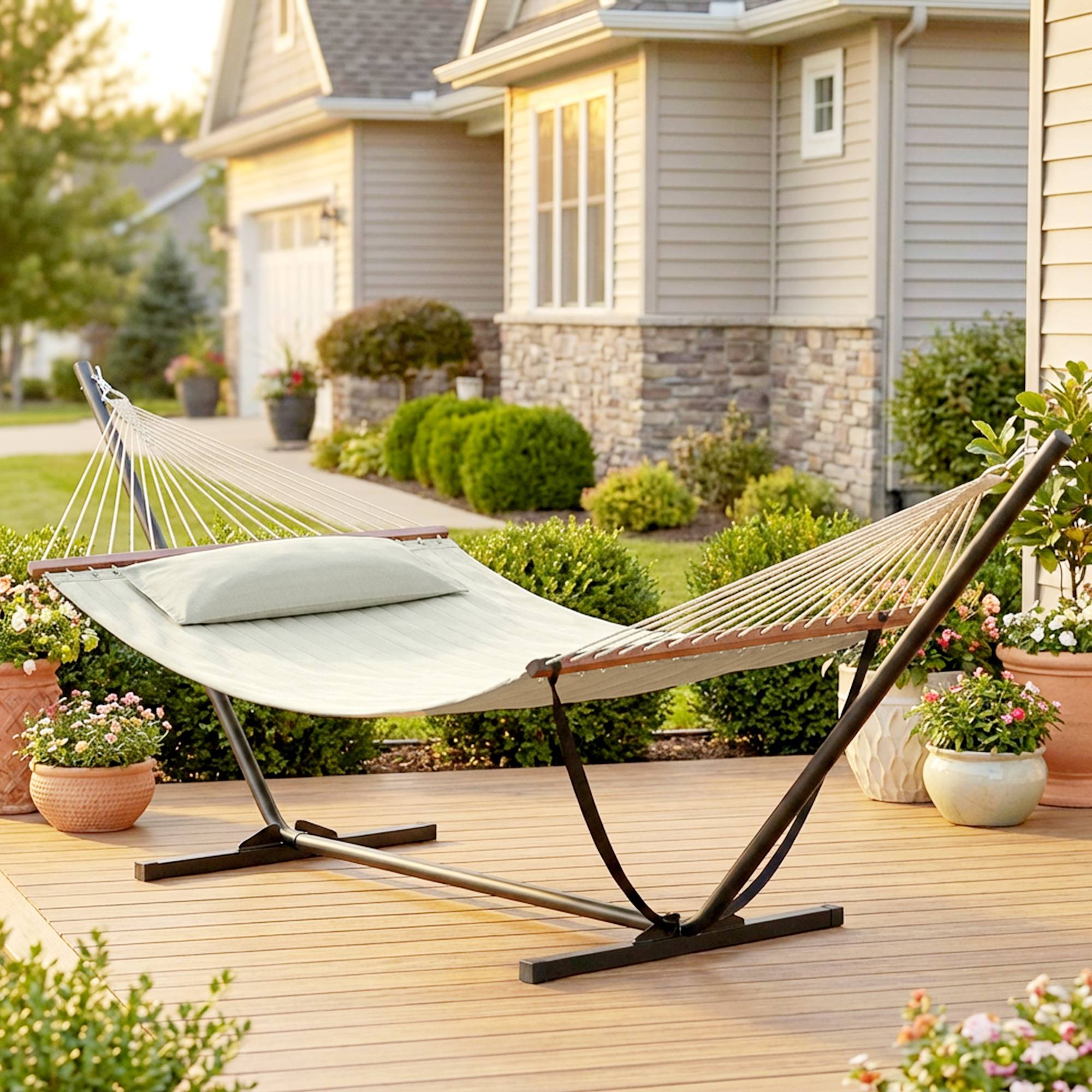 Hamac sur pied acier terrasse jardin matelassé avec oreiller 368x140x110cm crème - ComfortXL Outdoor Living - Image 3