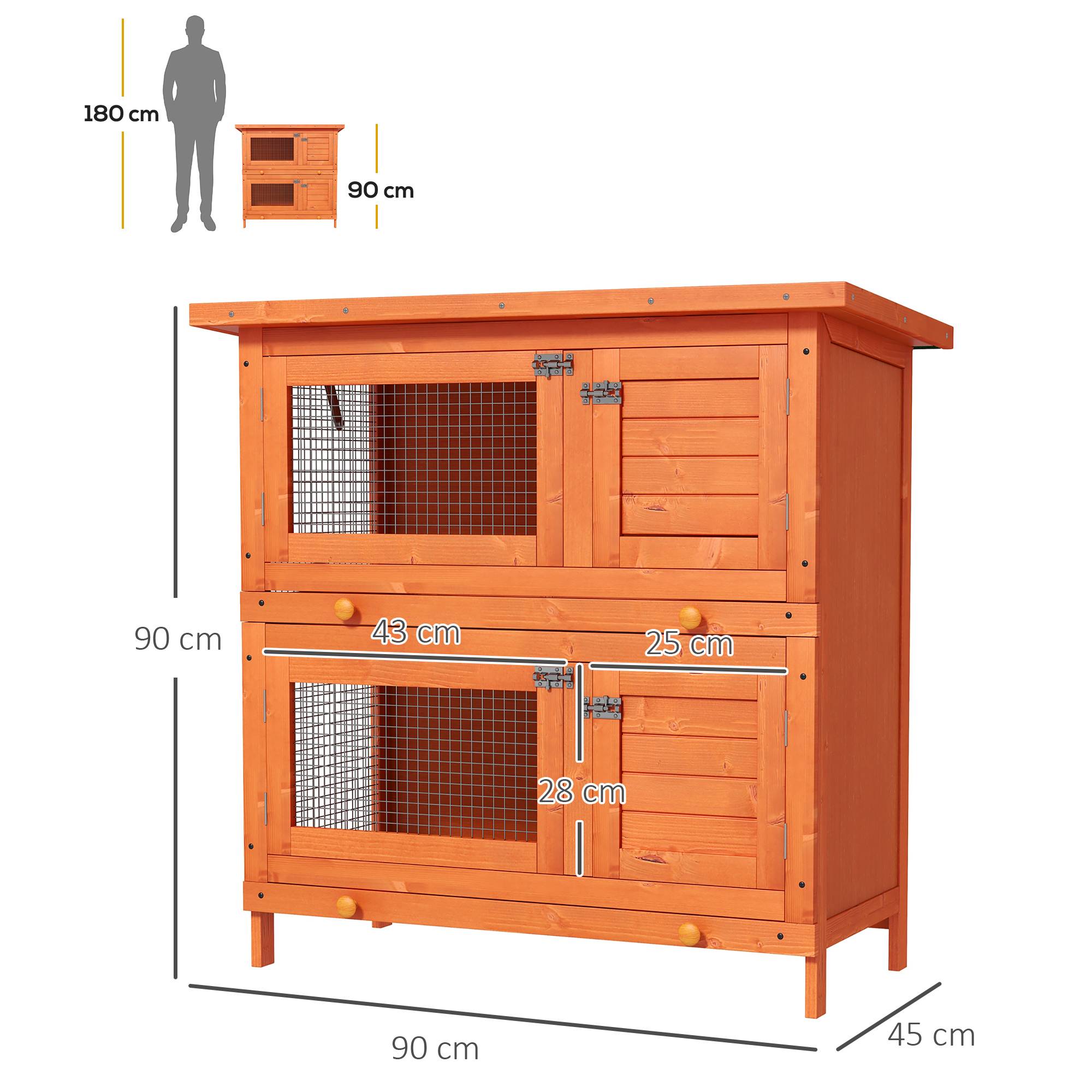 Cage à lapins à deux étages, clapier d'extérieur en bois de sapin, 90 x 45 x 90 cm, bois et vert - Image 5