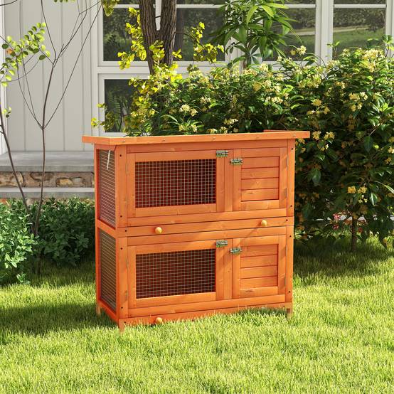 Cage à lapins à deux étages, clapier d'extérieur en bois de sapin, 90 x 45 x 90 cm, bois et vert - Image 4