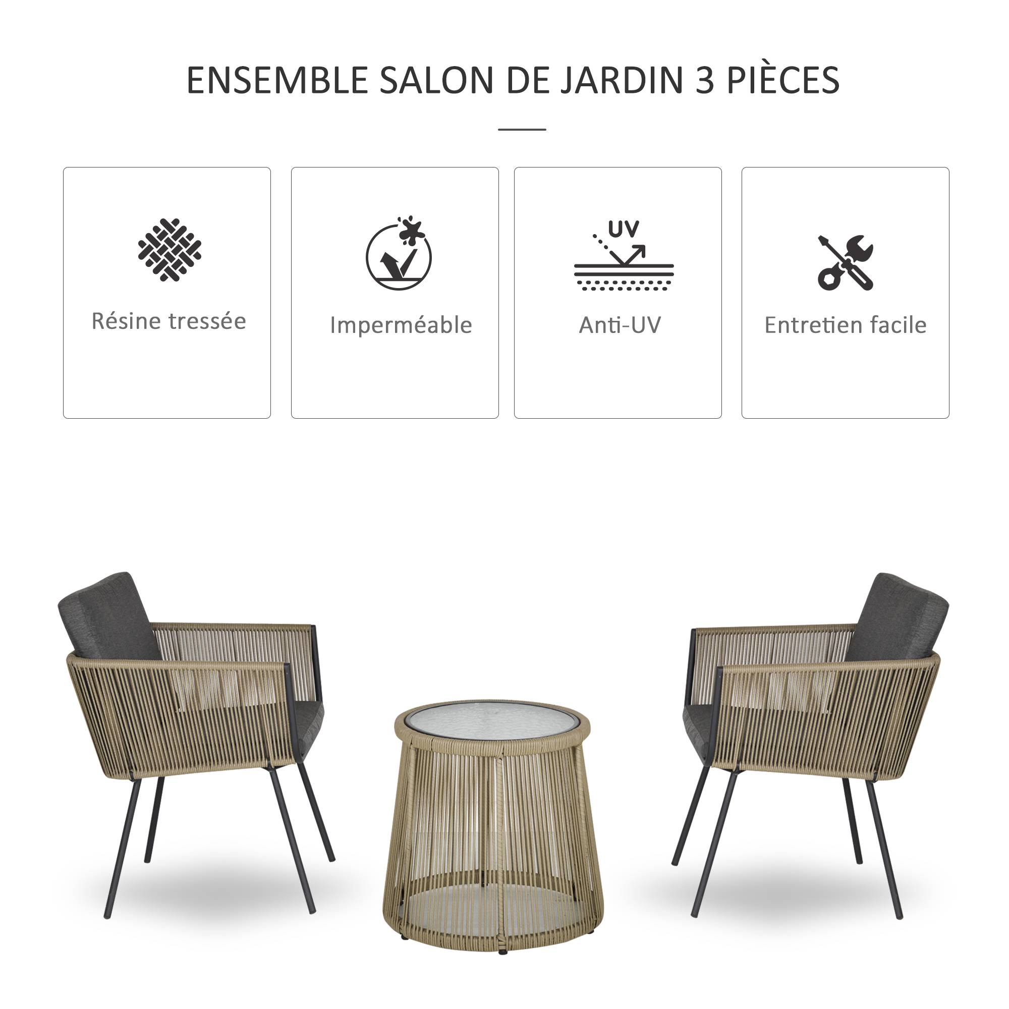 Outsunny - Ensemble salon de jardin 3 pièces style colonial 2 fauteuils avec coussins gris + table basse résine filaire beige - Outsunny - Image 4