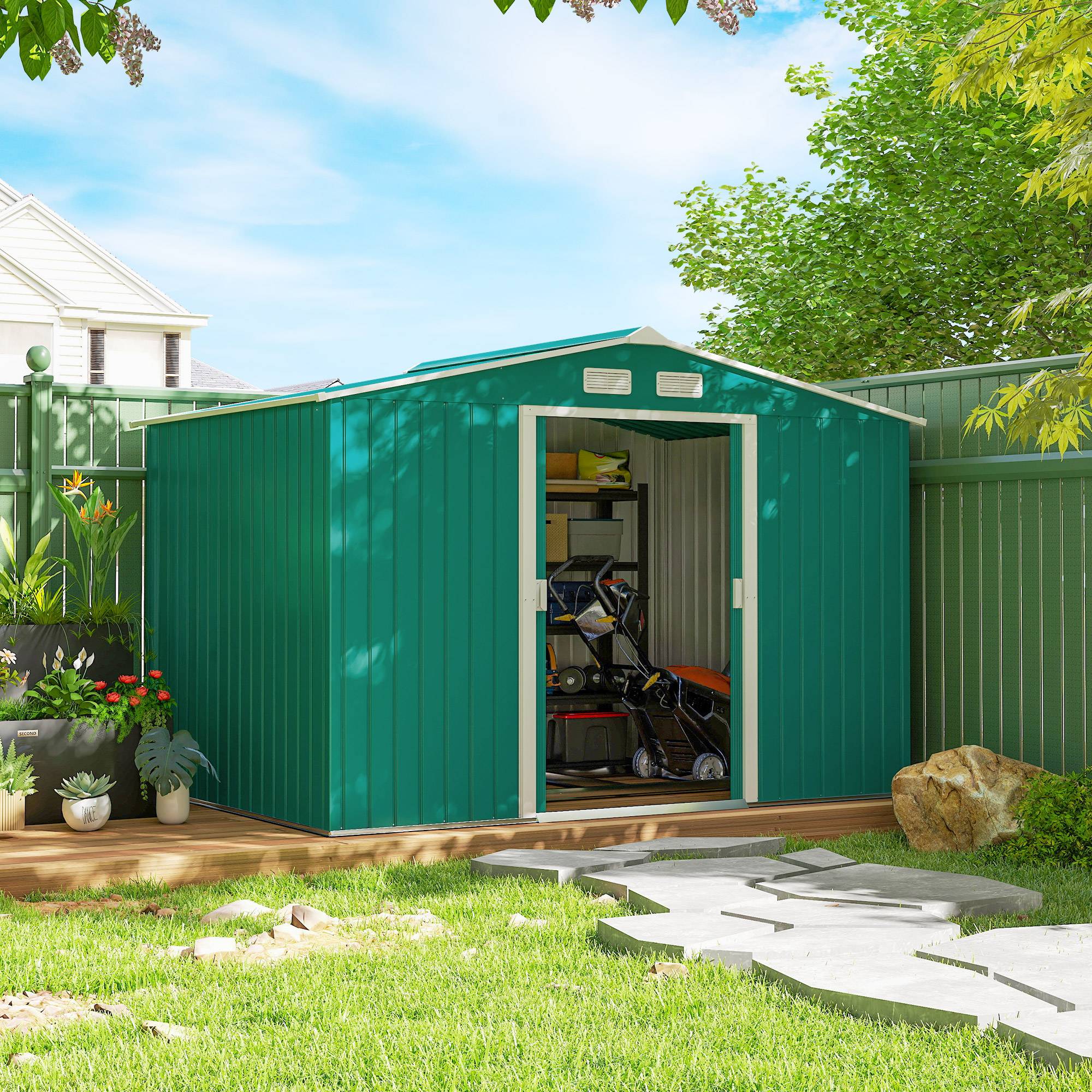 Abri de jardin 4,9 m² 277 x 195 x 192 cm avec 2 portes coulissantes, base renforcée (plancher non inclus), vert foncé - Image 4