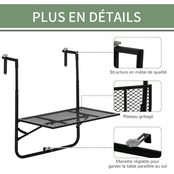Table de balcon suspendue métal noir 60 x 60 x 72 cm - PANGIVO - Image 8