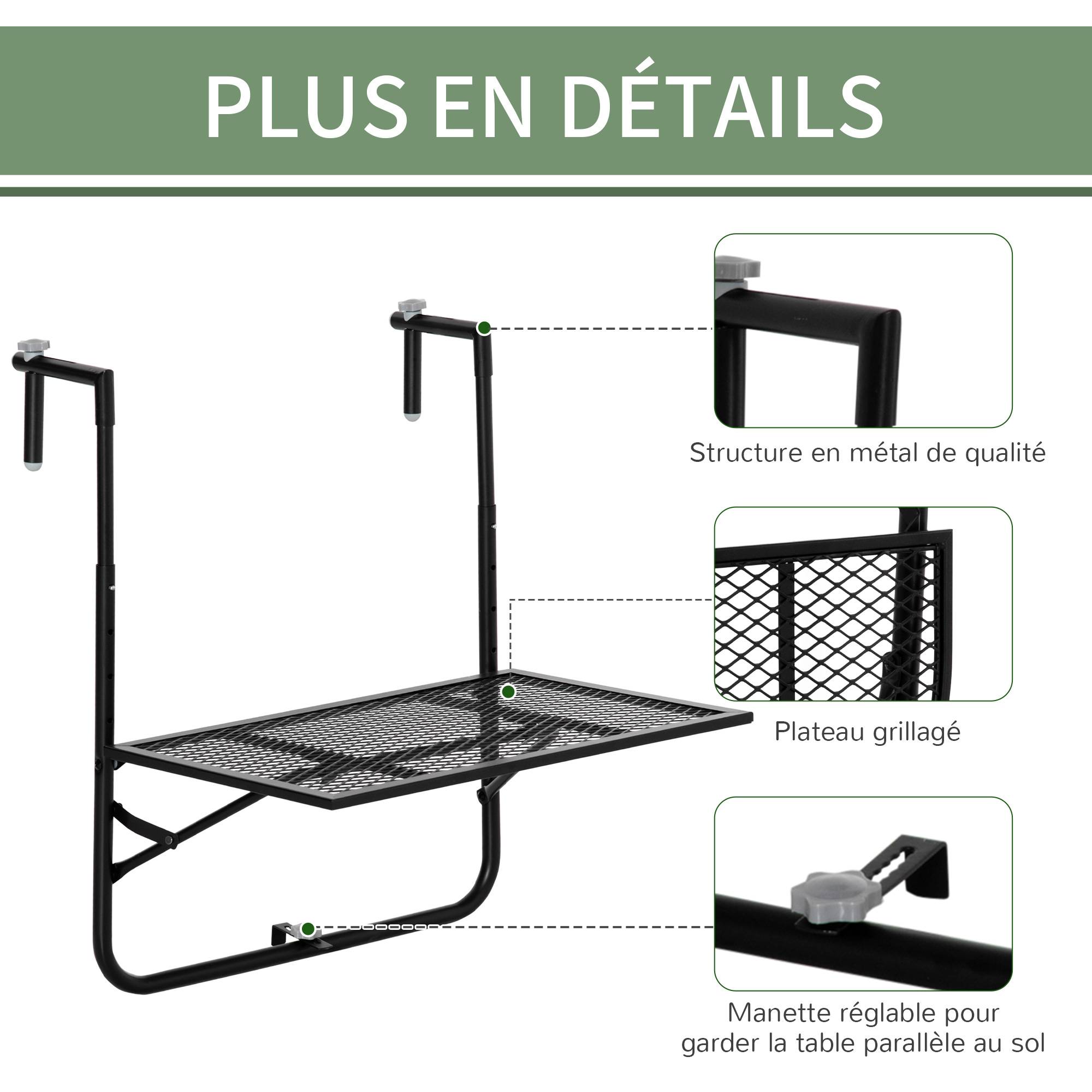 Table de balcon suspendue métal noir 60 x 60 x 72 cm - PANGIVO - Image 8