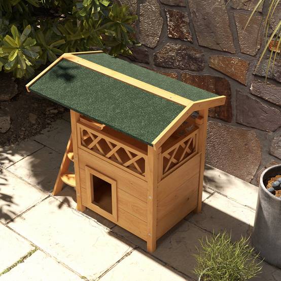Niche pour Chat en Bois 2 Niveaux Abri Extérieur avec Balcon et Escalier 77x50x73 cm Bois Naturel - ComfortXL Outdoor Living - Image 10