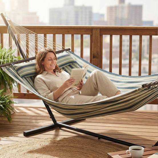 Outsunny - Hamac avec support coussin amovible - pour intérieur et extérieur - acier polyester - 353cm - vert rayé - Outsunny - Image 2