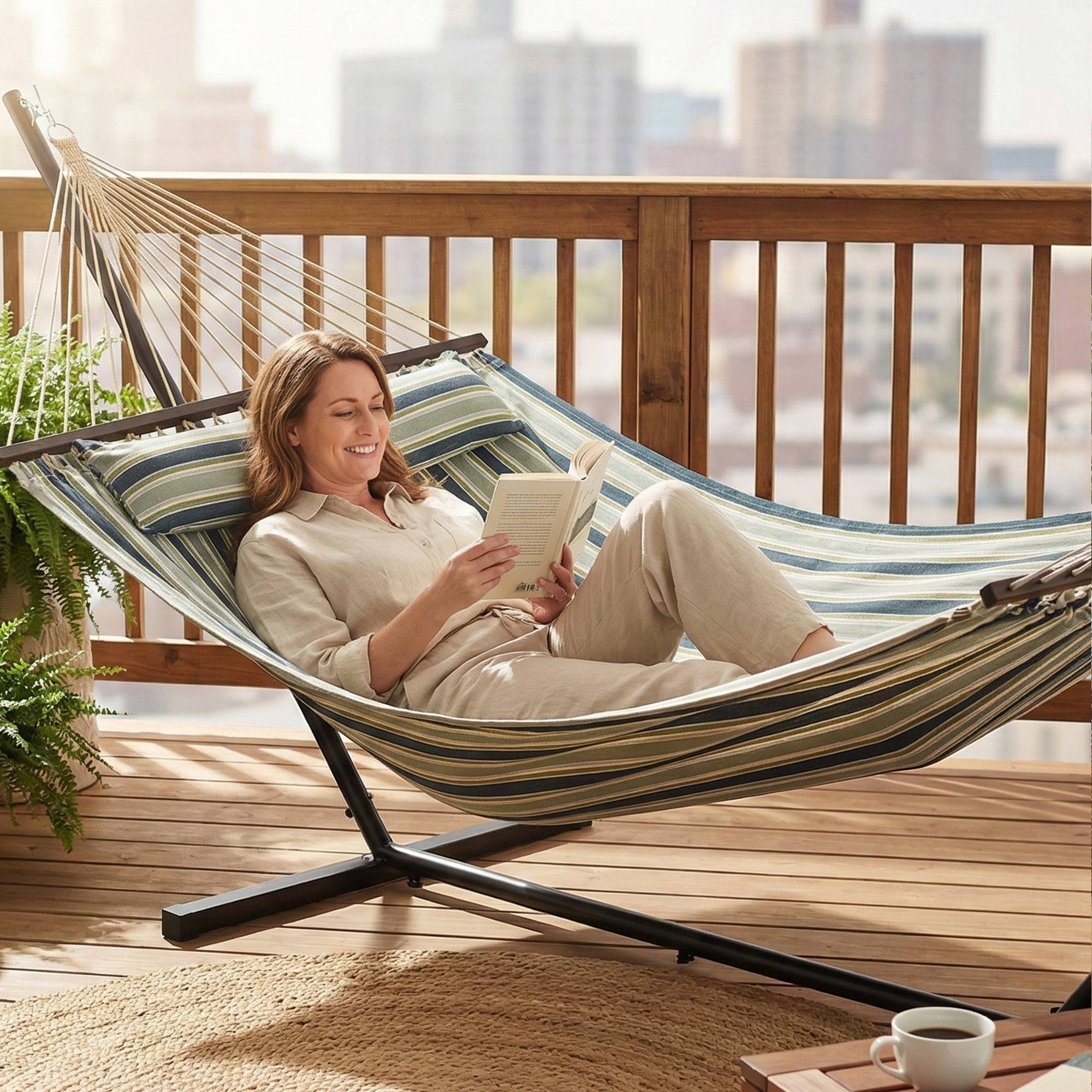 Outsunny - Hamac avec support coussin amovible - pour intérieur et extérieur - acier polyester - 353cm - vert rayé - Outsunny - Image 2