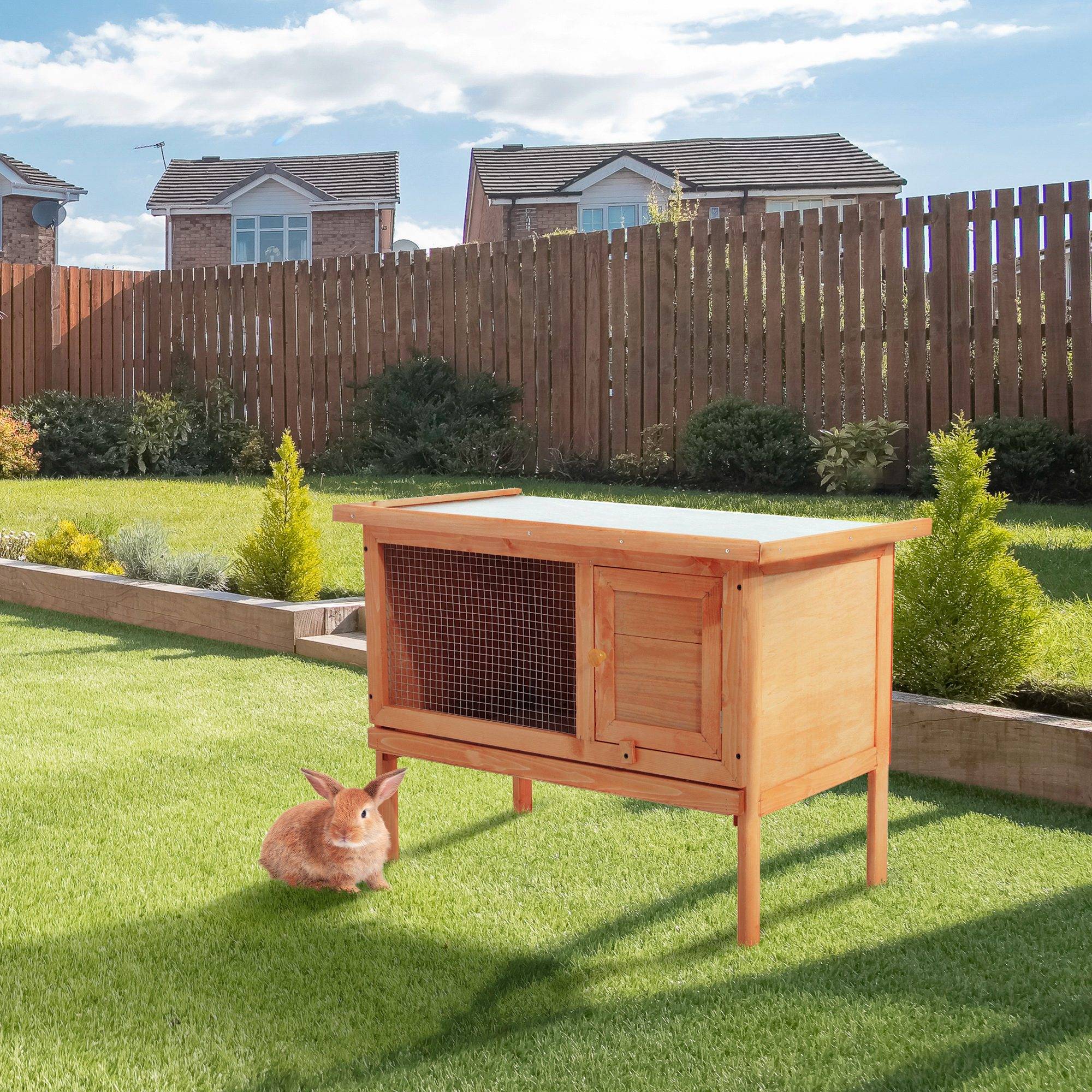 Clapier Extérieur sur Pieds en Bois de Sapin Maison pour Lapin avec Toit Ouvrant 90x45x65cm - ComfortXL Outdoor Living - Image 4