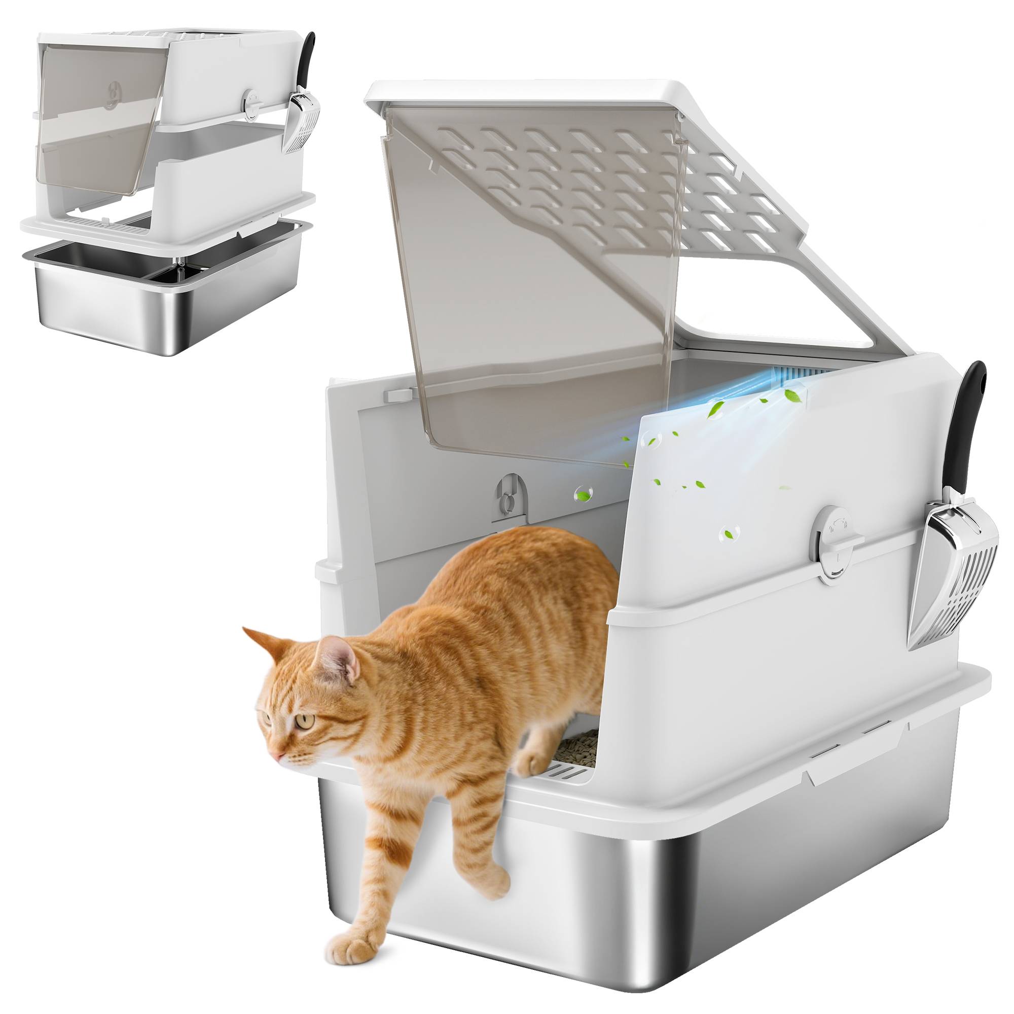 Bac à litière fermé pour chat, maison de toilette en acier inoxydable, 60,2 x 40,2 x 43,7 cm, gris clair - Image 1