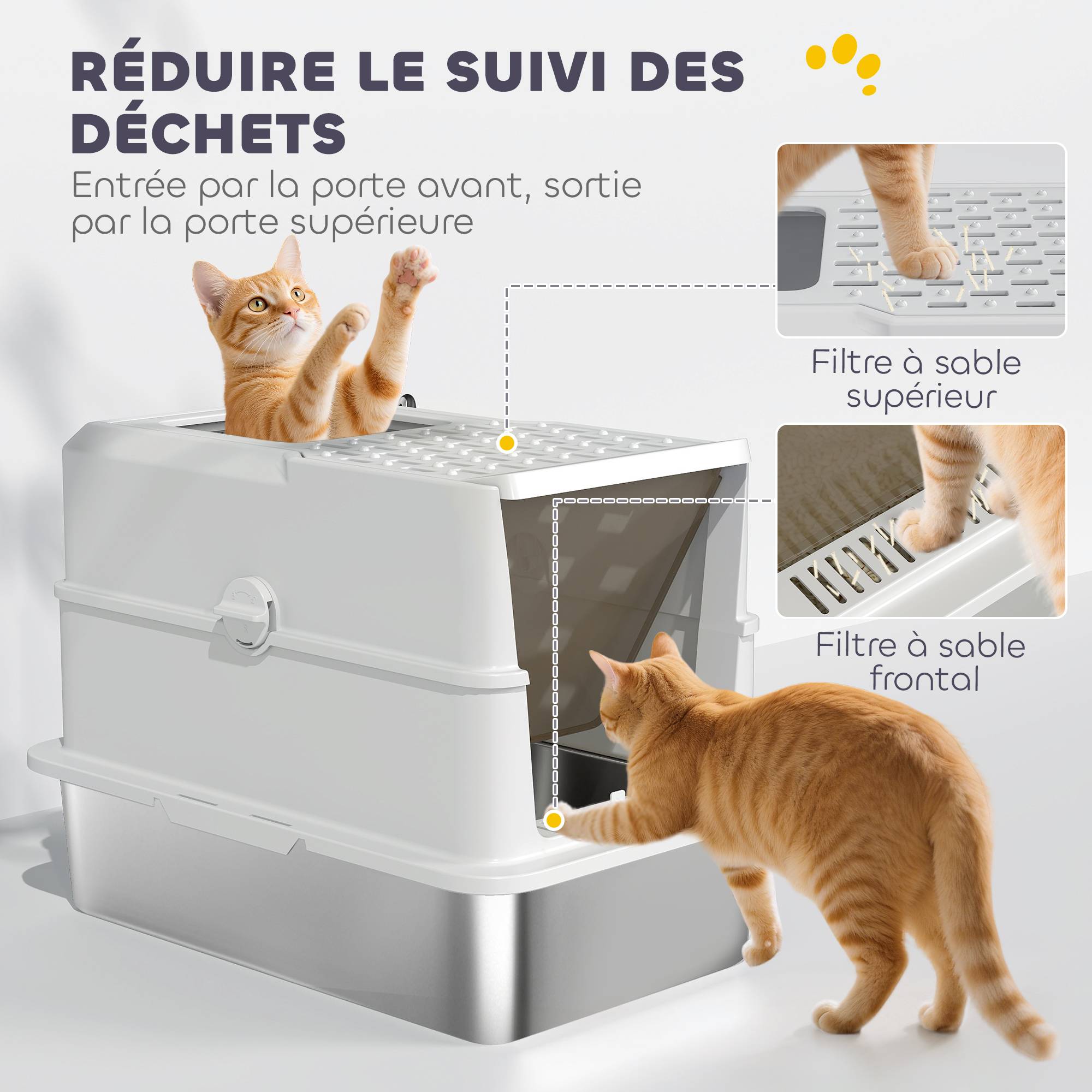 Bac à litière fermé pour chat, maison de toilette en acier inoxydable, 60,2 x 40,2 x 43,7 cm, gris clair - Image 8