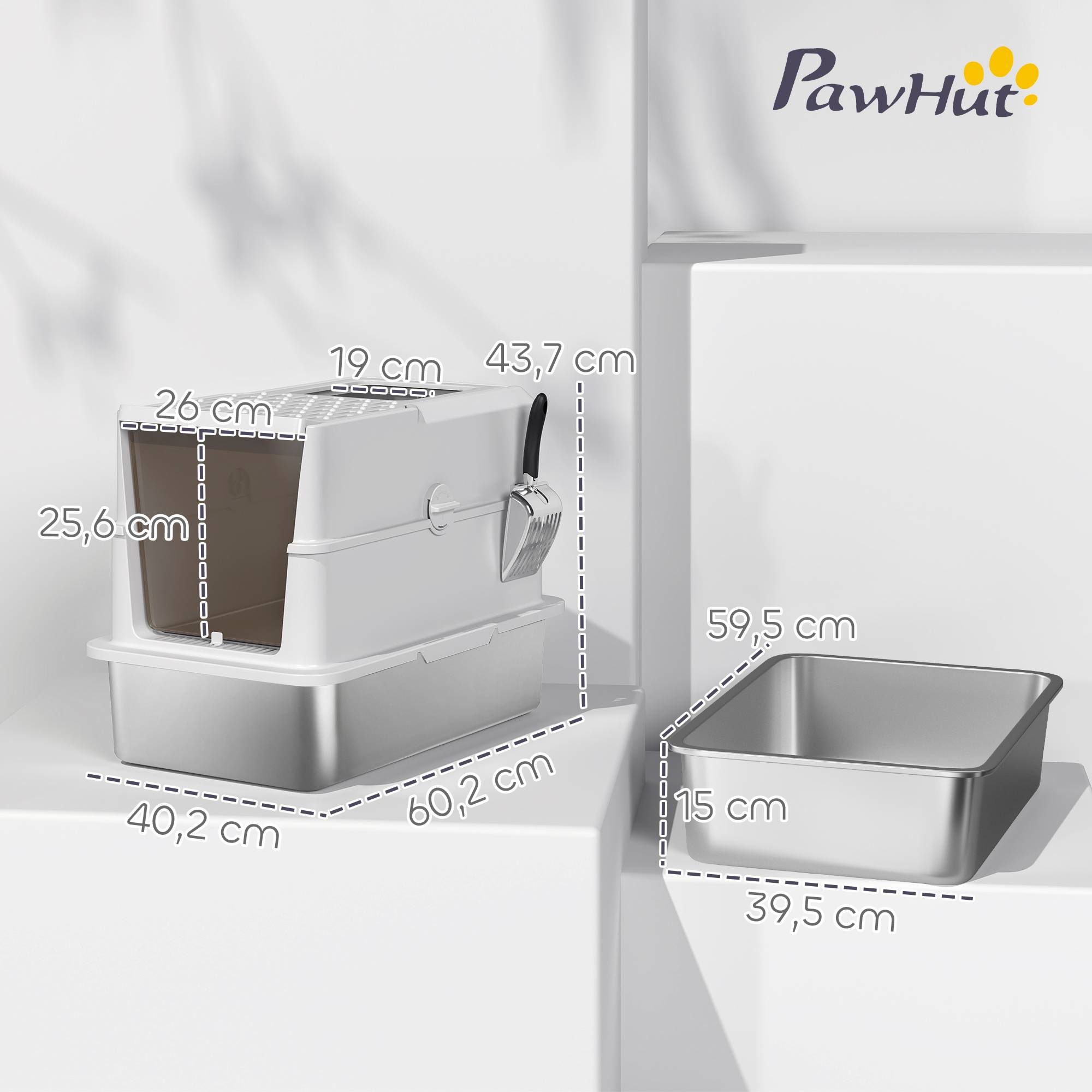 Bac à litière fermé pour chat, maison de toilette en acier inoxydable, 60,2 x 40,2 x 43,7 cm, gris clair - Image 5