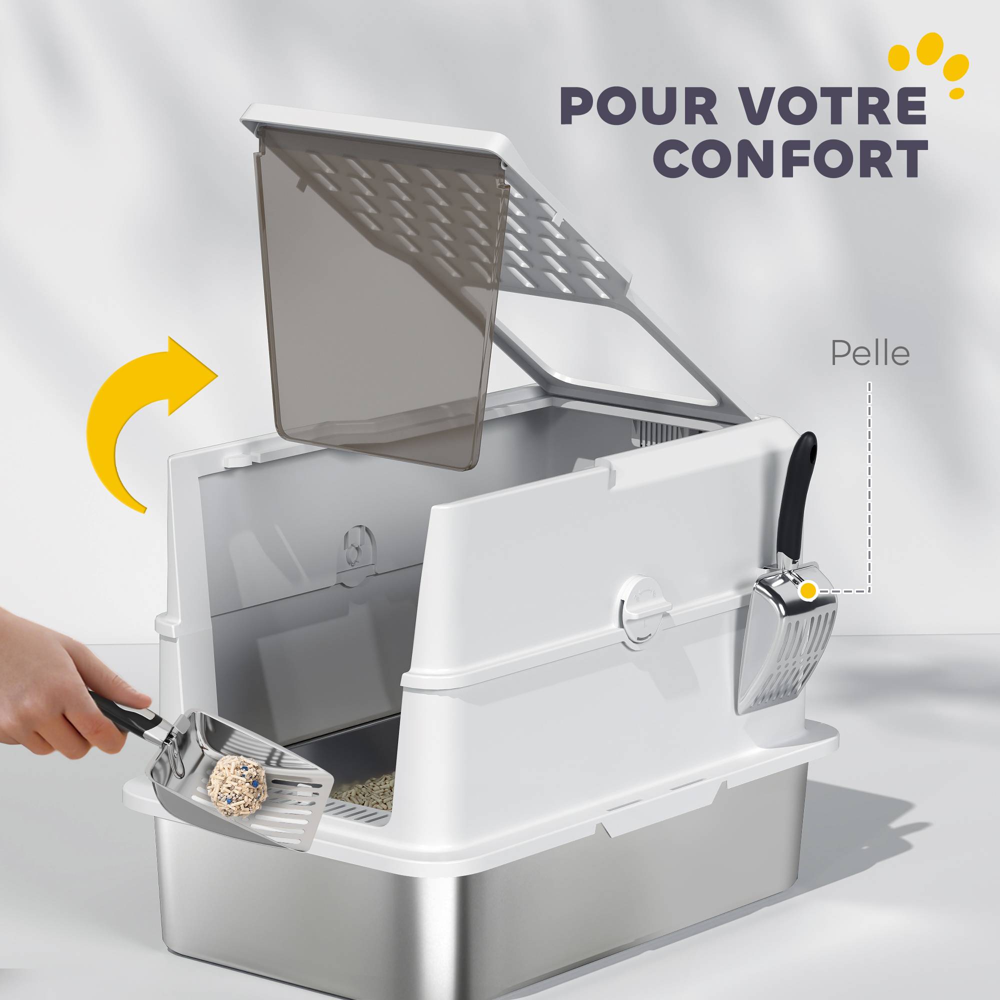 Bac à litière fermé pour chat, maison de toilette en acier inoxydable, 60,2 x 40,2 x 43,7 cm, gris clair - Image 10