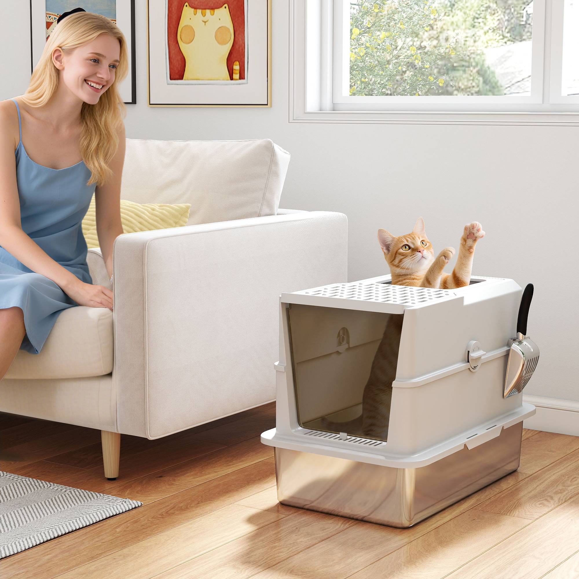 Bac à litière fermé pour chat, maison de toilette en acier inoxydable, 60,2 x 40,2 x 43,7 cm, gris clair - Image 4