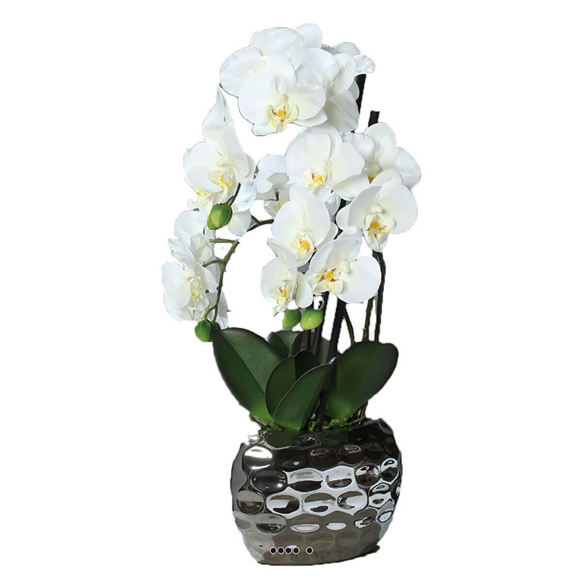 Artificielles - Orchidee artificielle 3 hampes en pot ceramique Argent H 55 cm Crème - couleur: Crème - Image 1