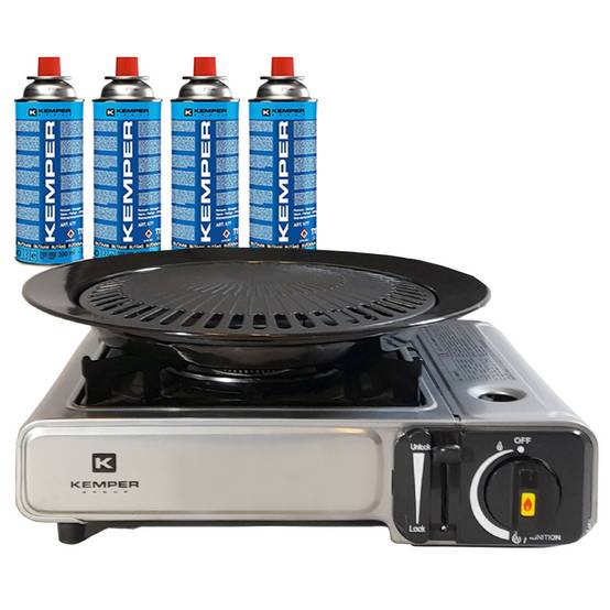 Barbecue gaz Grill 2en1 Réchaud gaz piézo 2200 W + 4 cartouches gaz butane KEMPER - Image 1