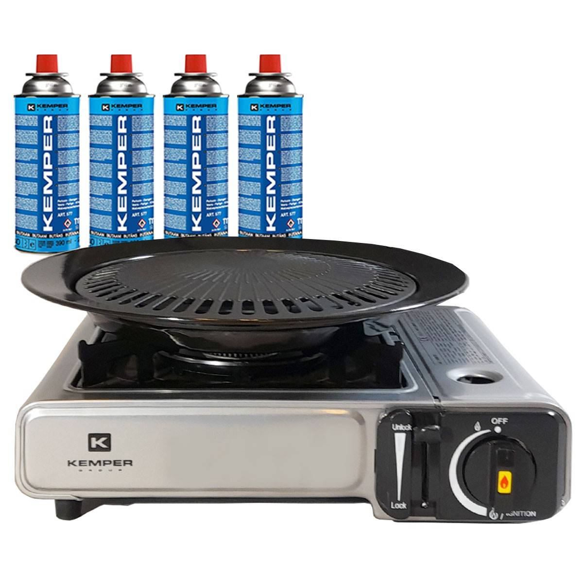 Barbecue gaz Grill 2en1 Réchaud gaz piézo 2200 W + 4 cartouches gaz butane KEMPER - Image 1