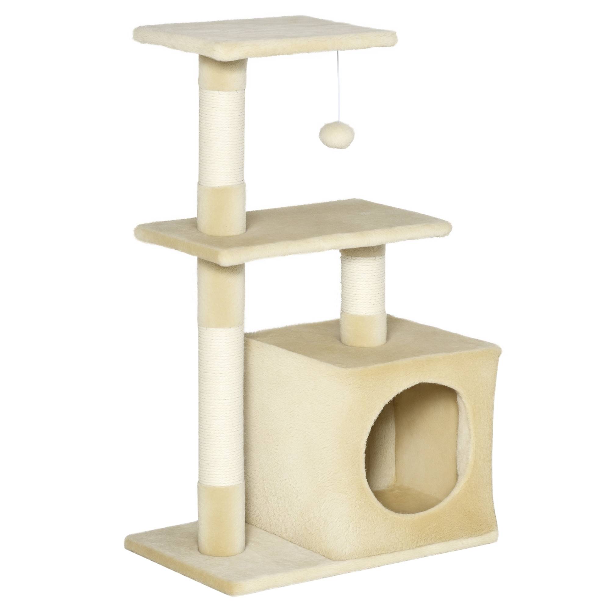 arbre à chat beige 50x30x81,5 cm poteaux sisal 2 plateformes grotte balle suspendue chat compact griffoir - Image 1